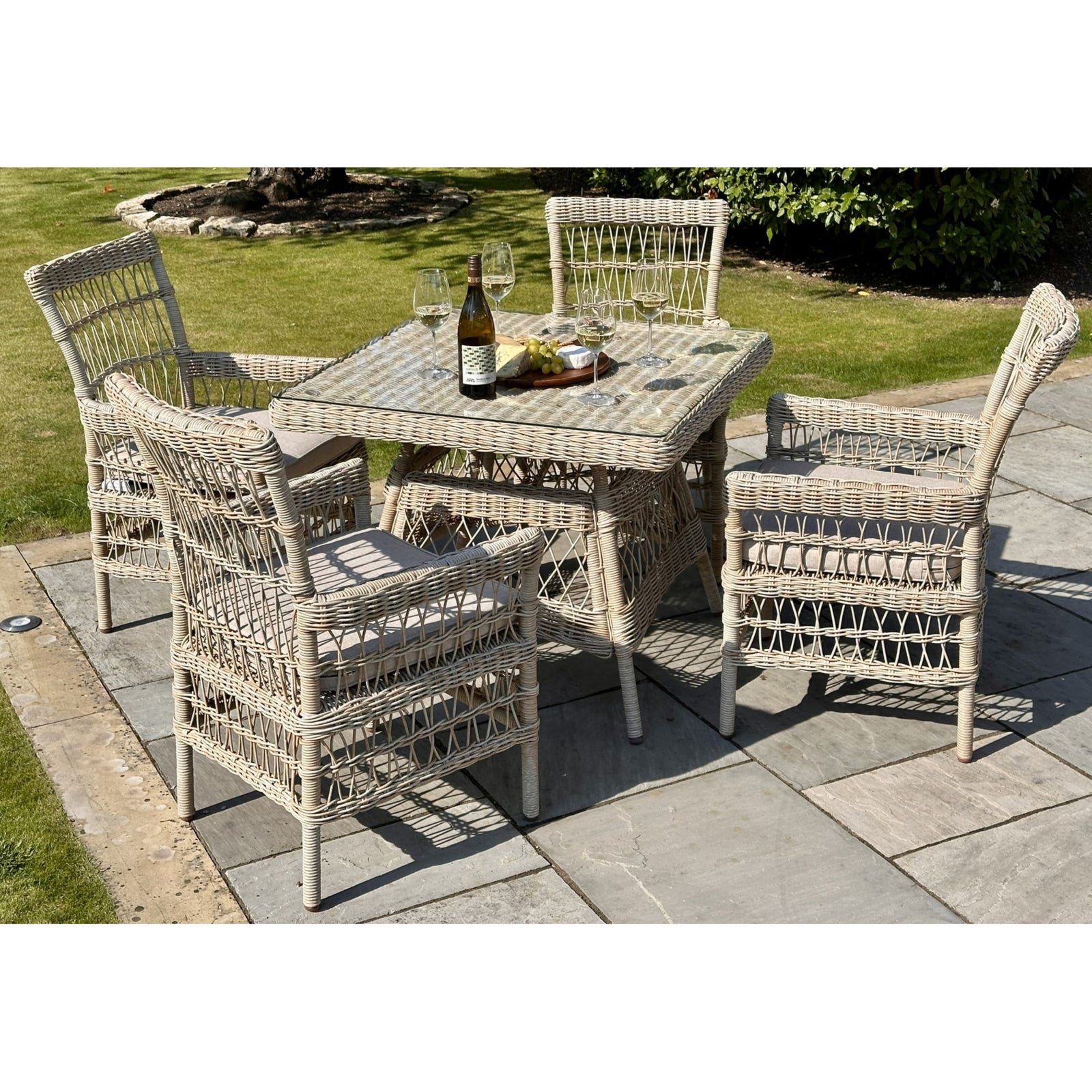 Provence Collection Outdoor 4 Seater Dining Set - Rattan. Olefin Fabric Cushions