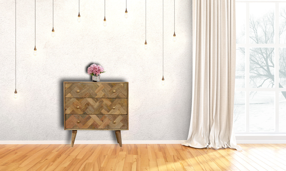 3 Drawer Zig-Zag Patterned Patchwork Chest 100% Solid Mango Wood