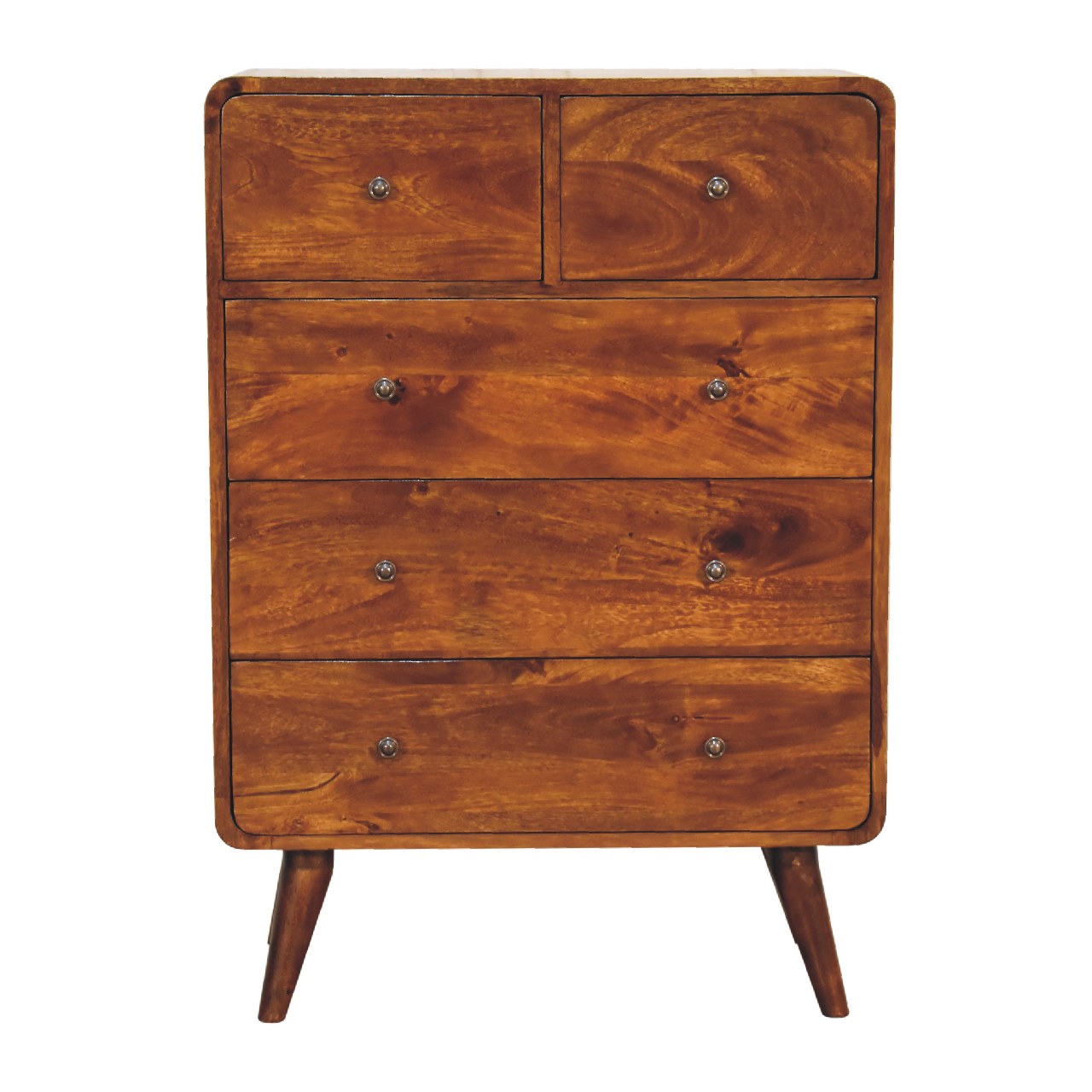 5 Drawer Curved Chestnut Chest. 100% Solid Mango Wood