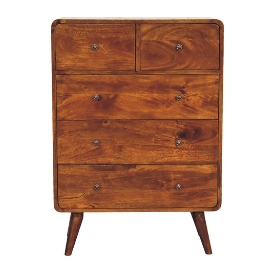 5 Drawer Curved Chestnut Chest. 100% Solid Mango Wood
