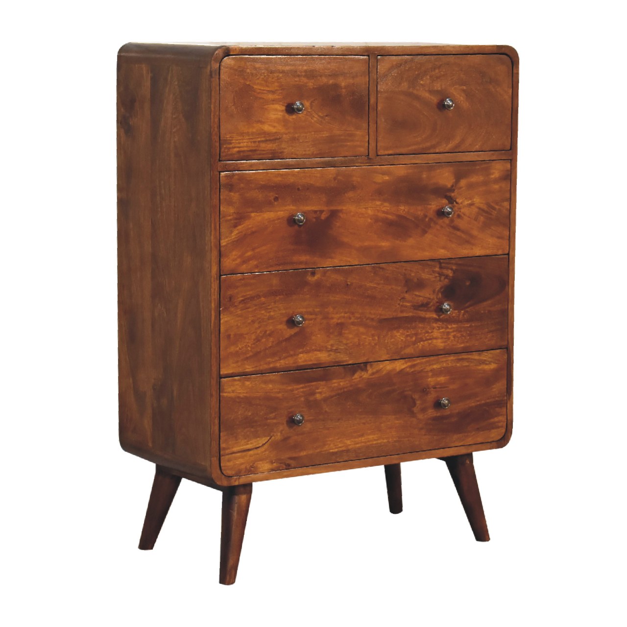 5 Drawer Curved Chestnut Chest. 100% Solid Mango Wood