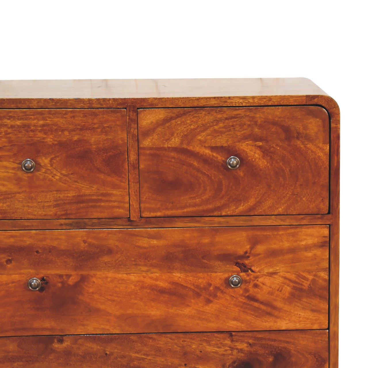 5 Drawer Curved Chestnut Chest. 100% Solid Mango Wood