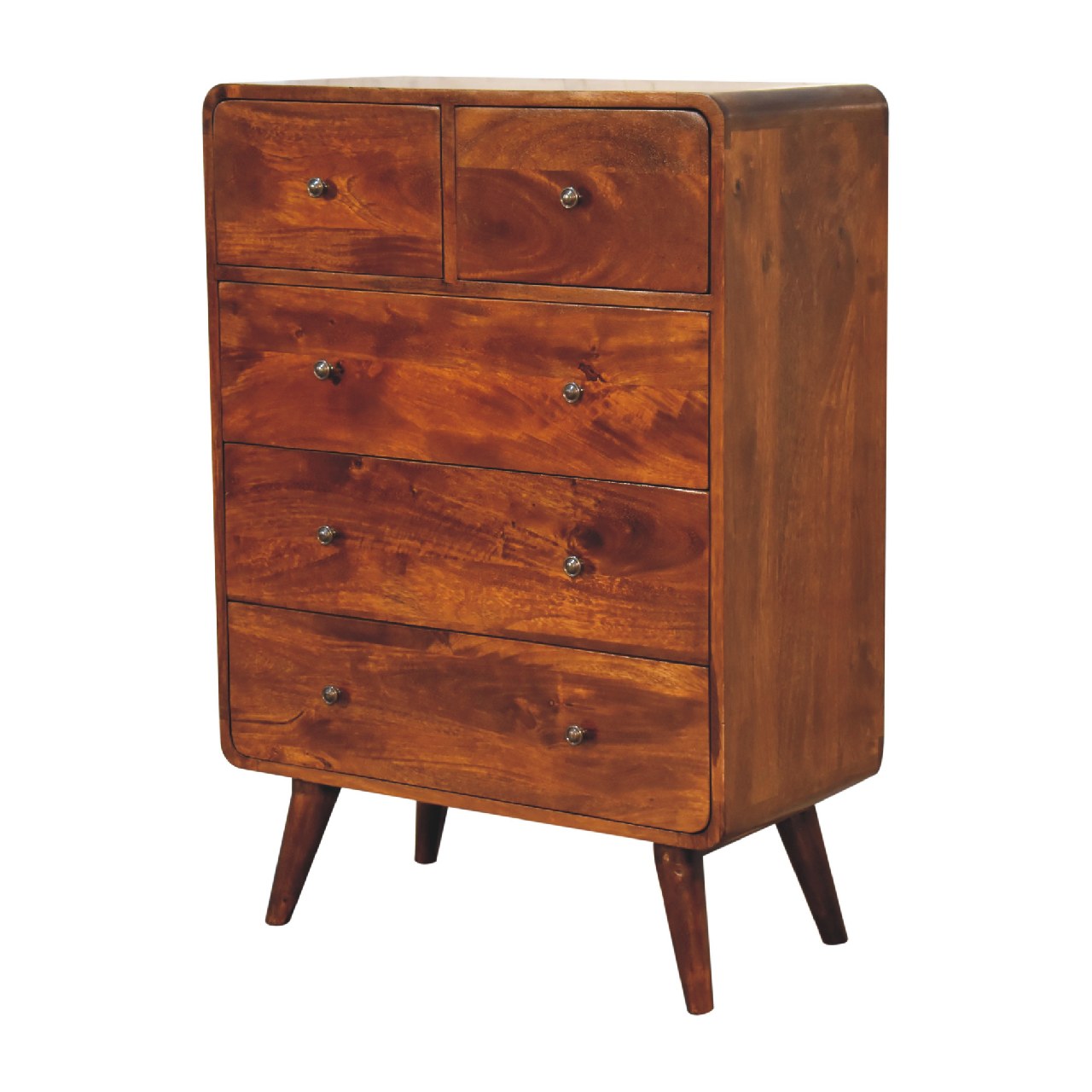 5 Drawer Curved Chestnut Chest. 100% Solid Mango Wood