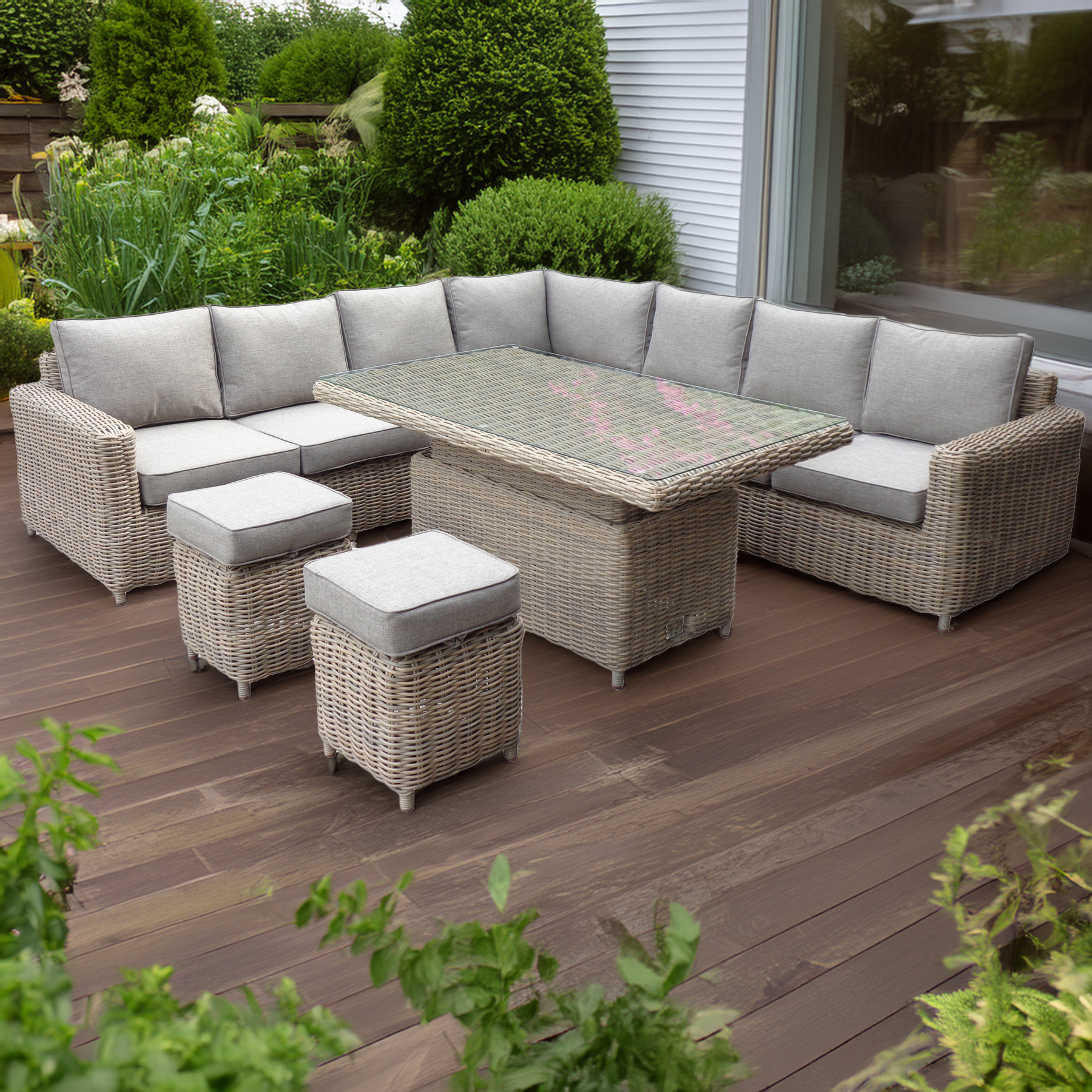 Serenity Outdoor Large Corner Set With Riser Table + 2 Stools