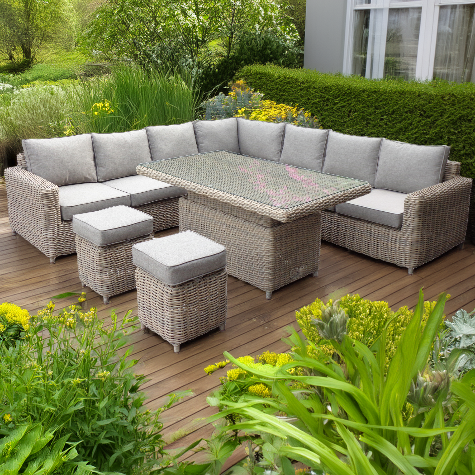 Serenity Outdoor Large Corner Set With Riser Table + 2 Stools