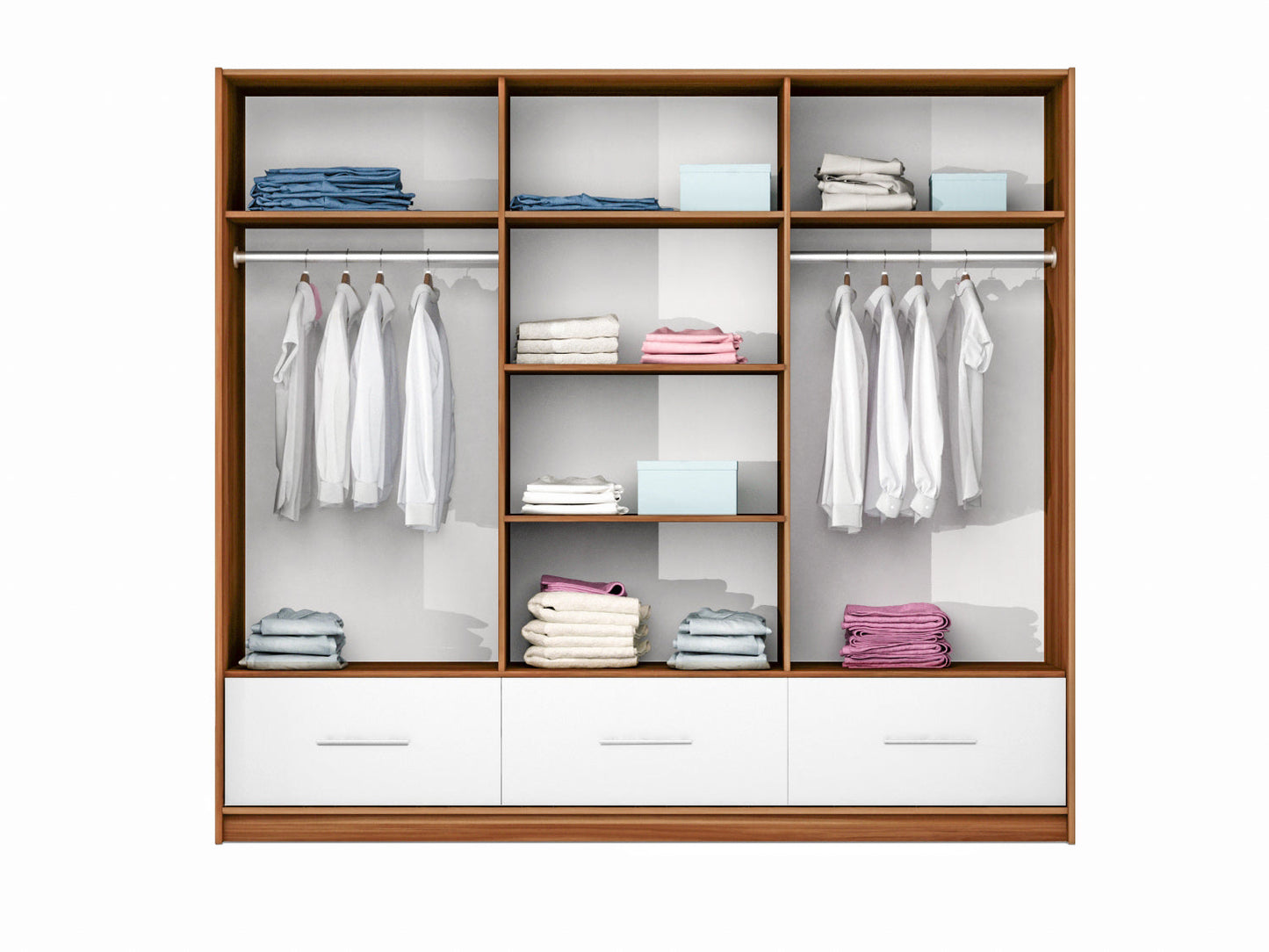 Amsterdam 255cm Wardrobe - Walnut & White Gloss with Mirror and Ambient LED Lighting