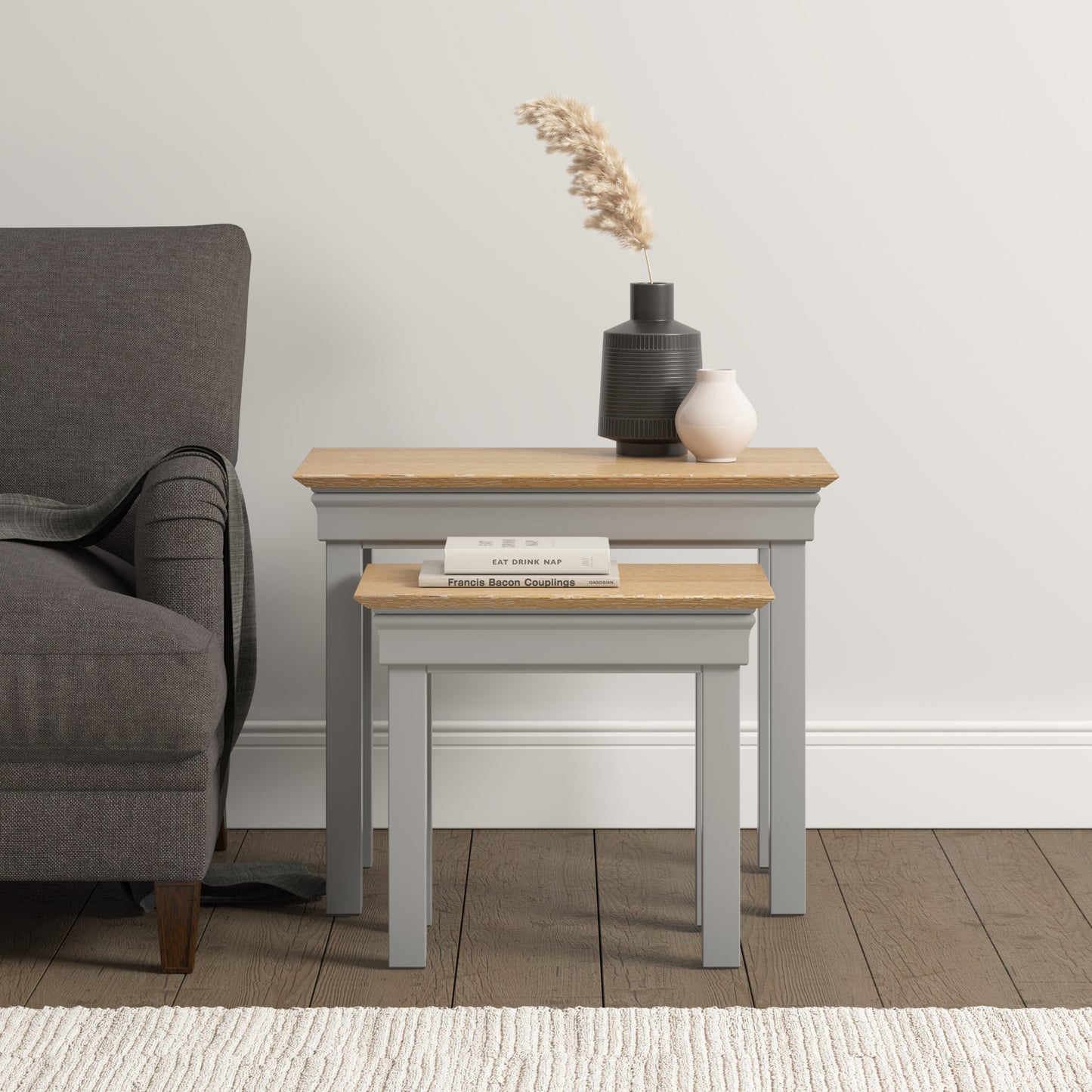Bordeaux Nest of 2 Tables Ivory/Oak Pebble Grey/Oak