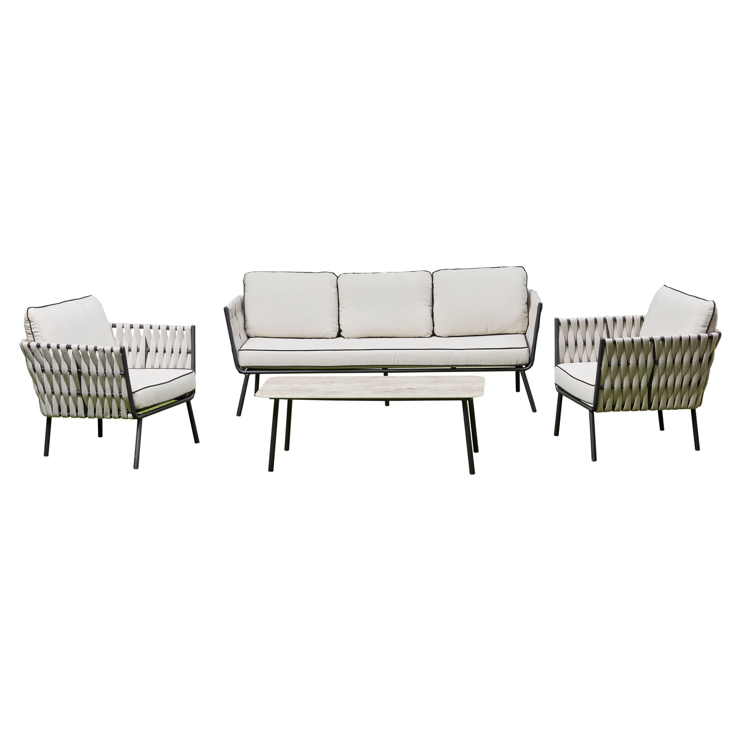 Grey Aluminium and Rope 4 Piece Outdoor Set - 3 Seat Sofa, 2 Chairs, Coffee Table