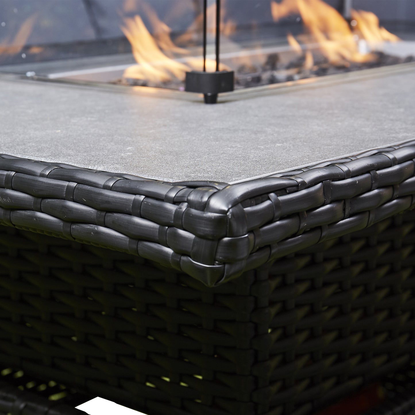 Black Rattan Firepit Corner Sofa Dining Set – Outdoor Garden Furniture with Glass Table and Cushions