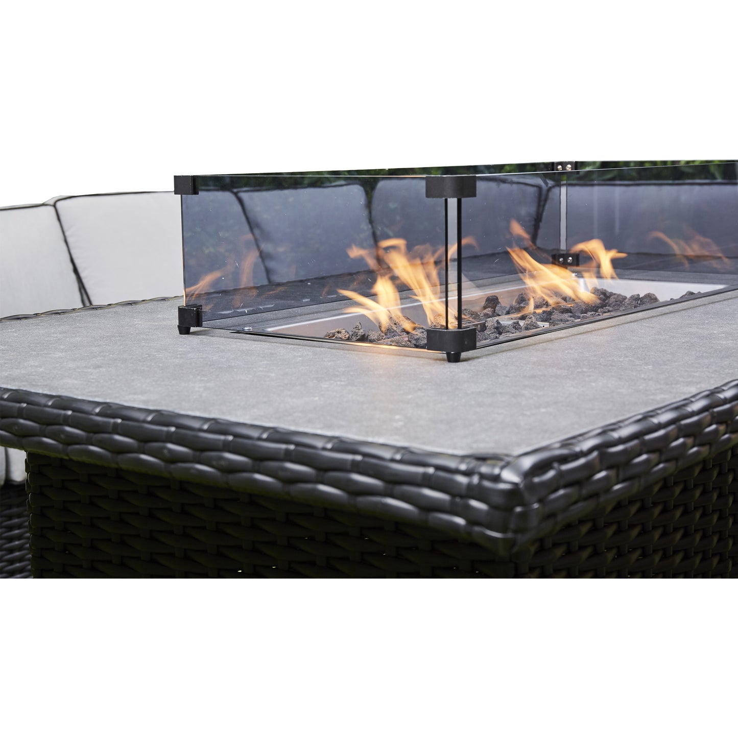 Black Rattan Firepit Corner Sofa Dining Set – Outdoor Garden Furniture with Glass Table and Cushions
