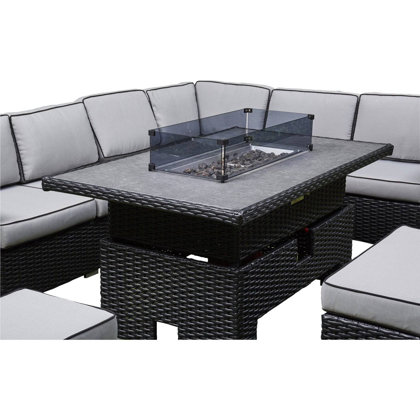 Black Rattan Firepit Corner Sofa Dining Set – Outdoor Garden Furniture with Glass Table and Cushions