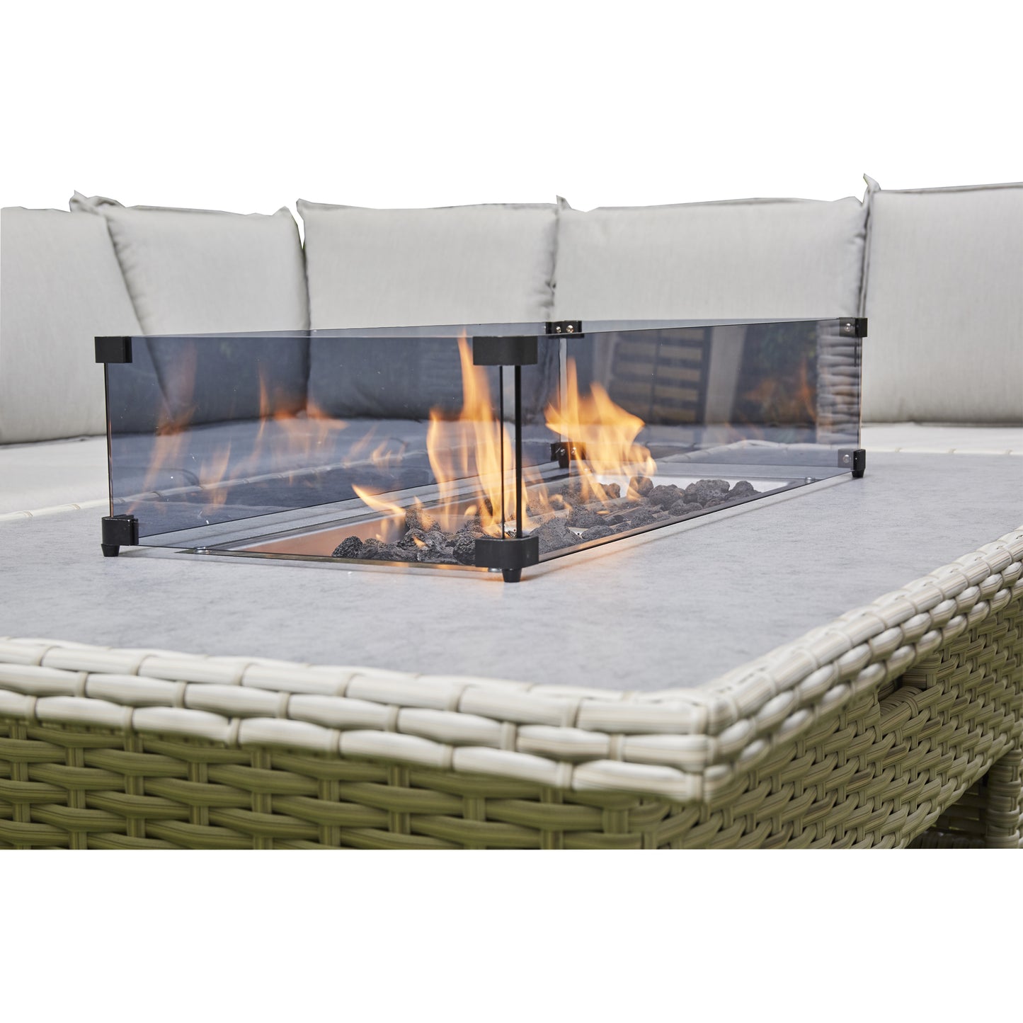 Grey Outdoor Corner Sofa 2 benches/Stools 1 Fire Pit Table