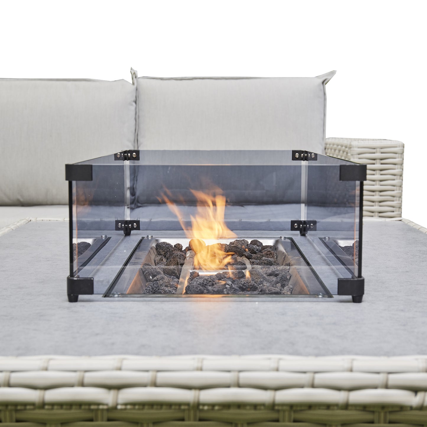 Grey Outdoor Corner Sofa 2 benches/Stools 1 Fire Pit Table