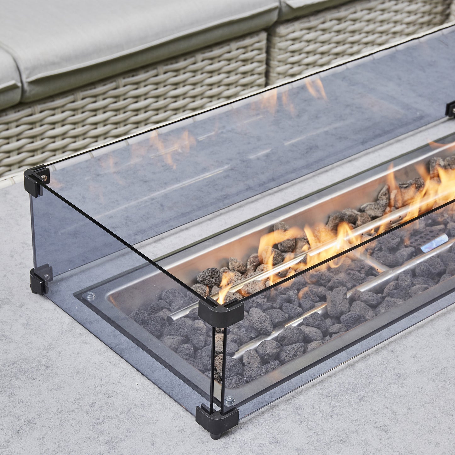 Grey Outdoor Corner Sofa 2 benches/Stools 1 Fire Pit Table