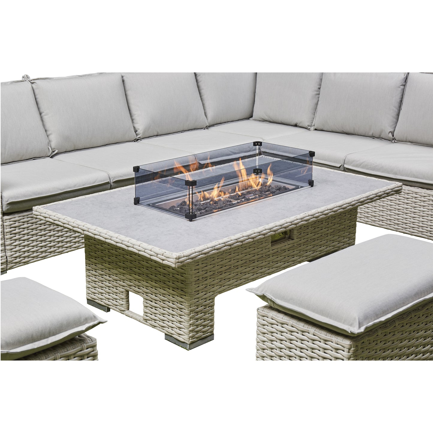 Grey Outdoor Corner Sofa 2 benches/Stools 1 Fire Pit Table