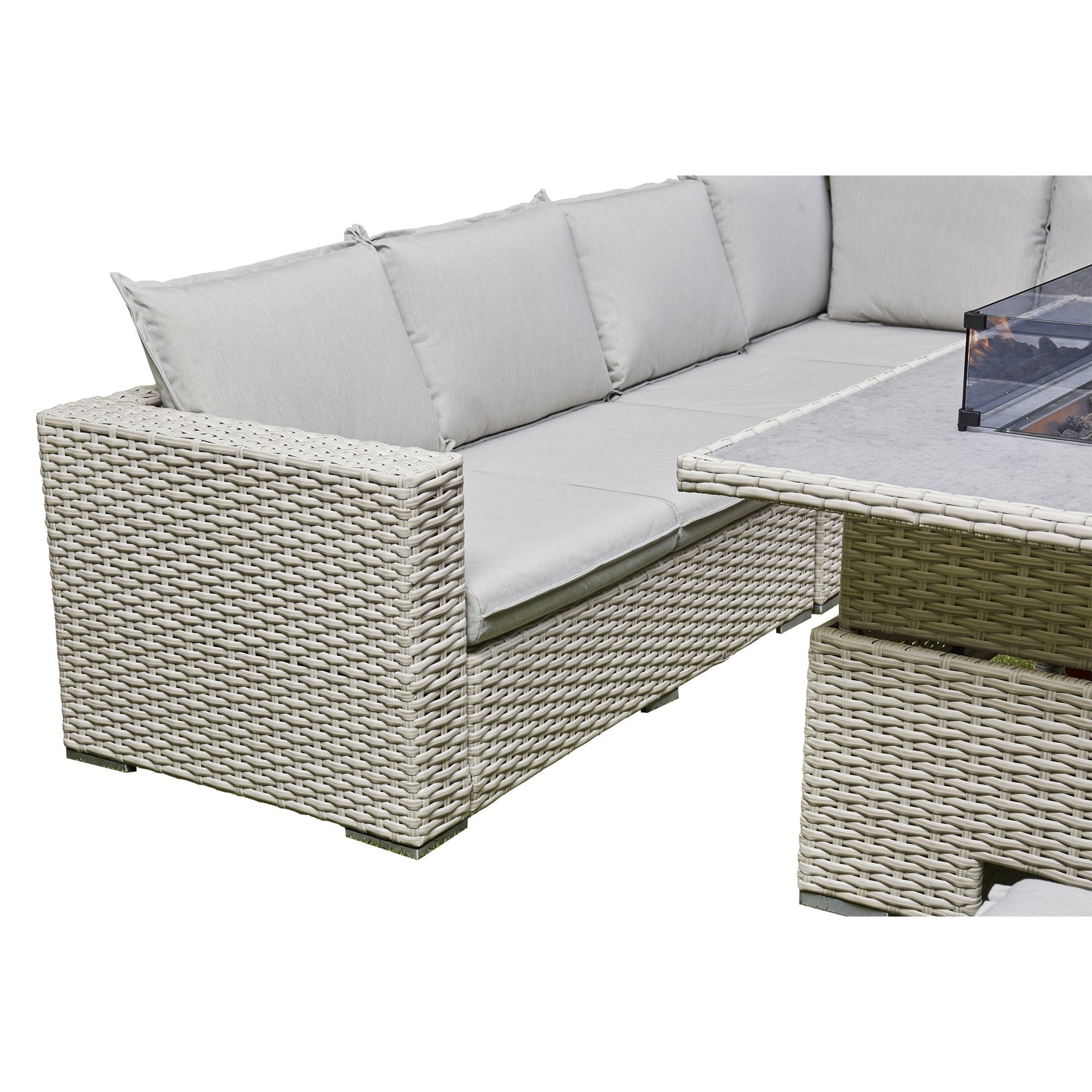 Grey Outdoor Corner Sofa 2 benches/Stools 1 Fire Pit Table