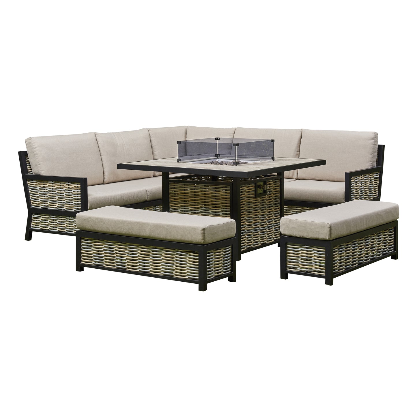 Beige Corner Outdoor Corner Sofa with 2 Benches