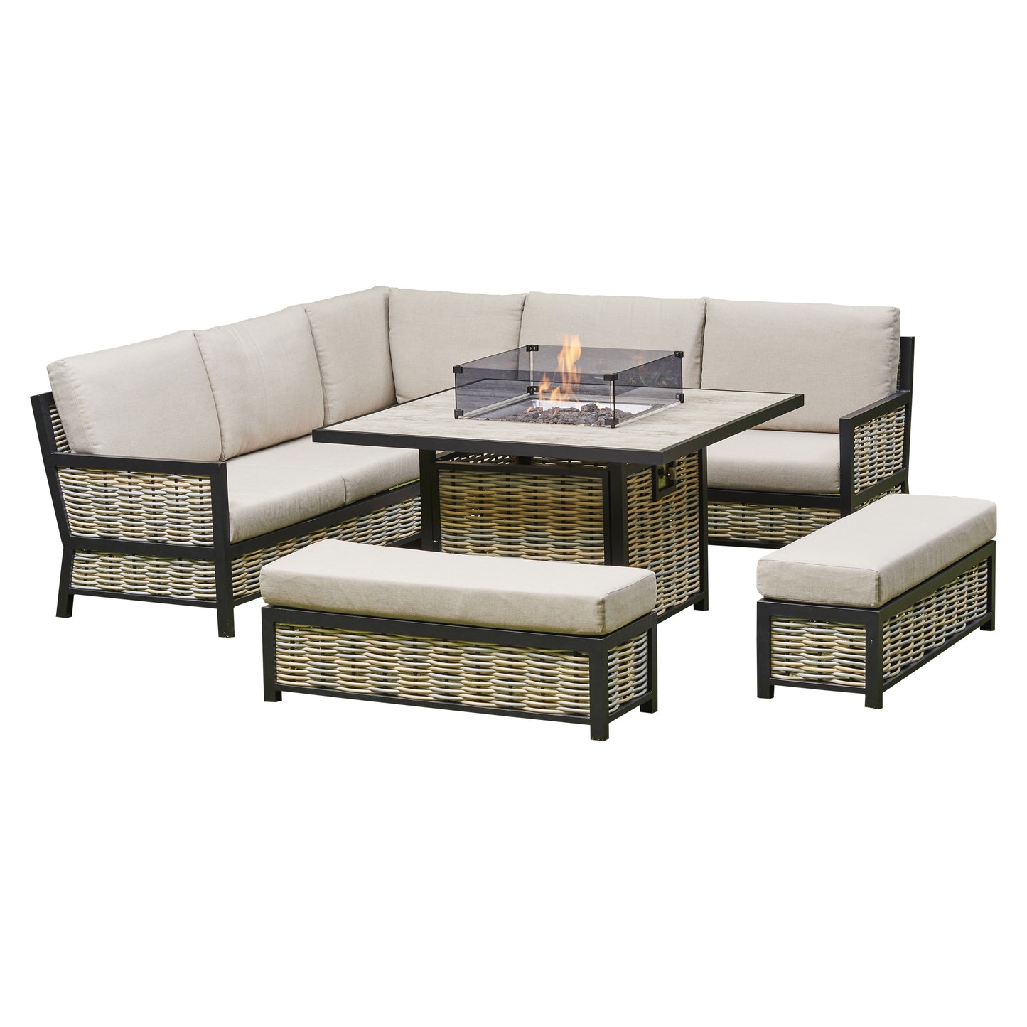 Beige Corner Outdoor Corner Sofa with 2 Benches