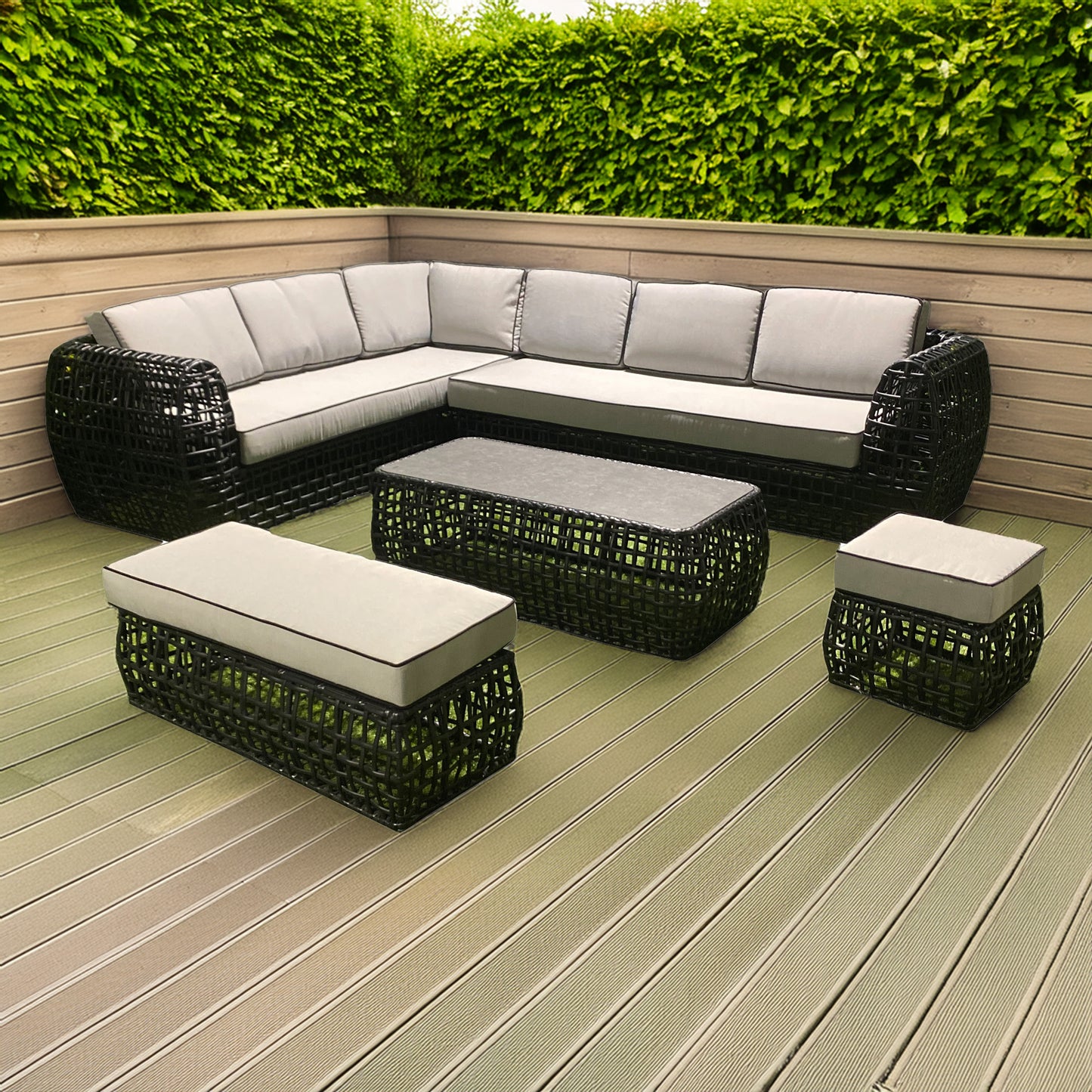 Black Outdoor Corner Sofa with Bench, Stool and Coffee Table