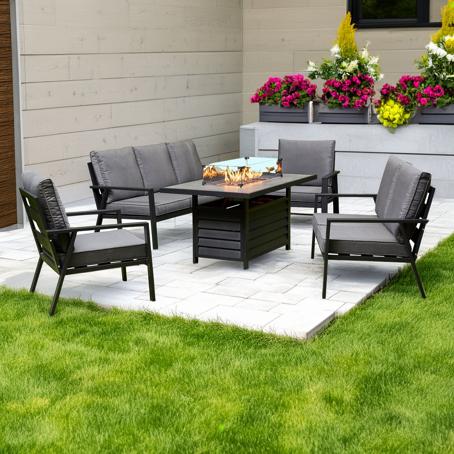 Grey Firepit Dining Set - 3 Seat Sofa, 2 Seat Sofa, 2 Chairs and Firepit Table