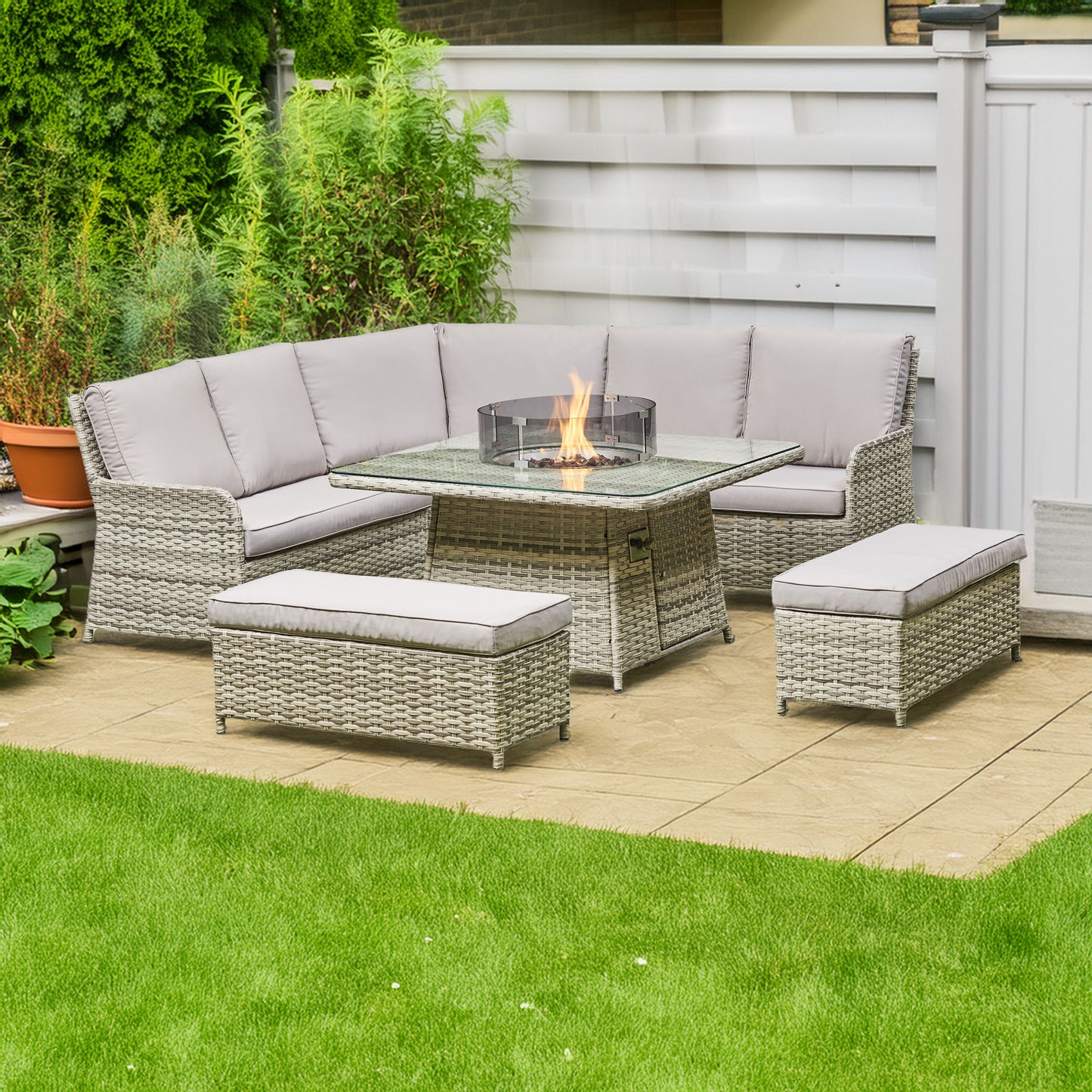 Grey Outdoor Corner Sofa with Square Firepit Table and 2 Benches