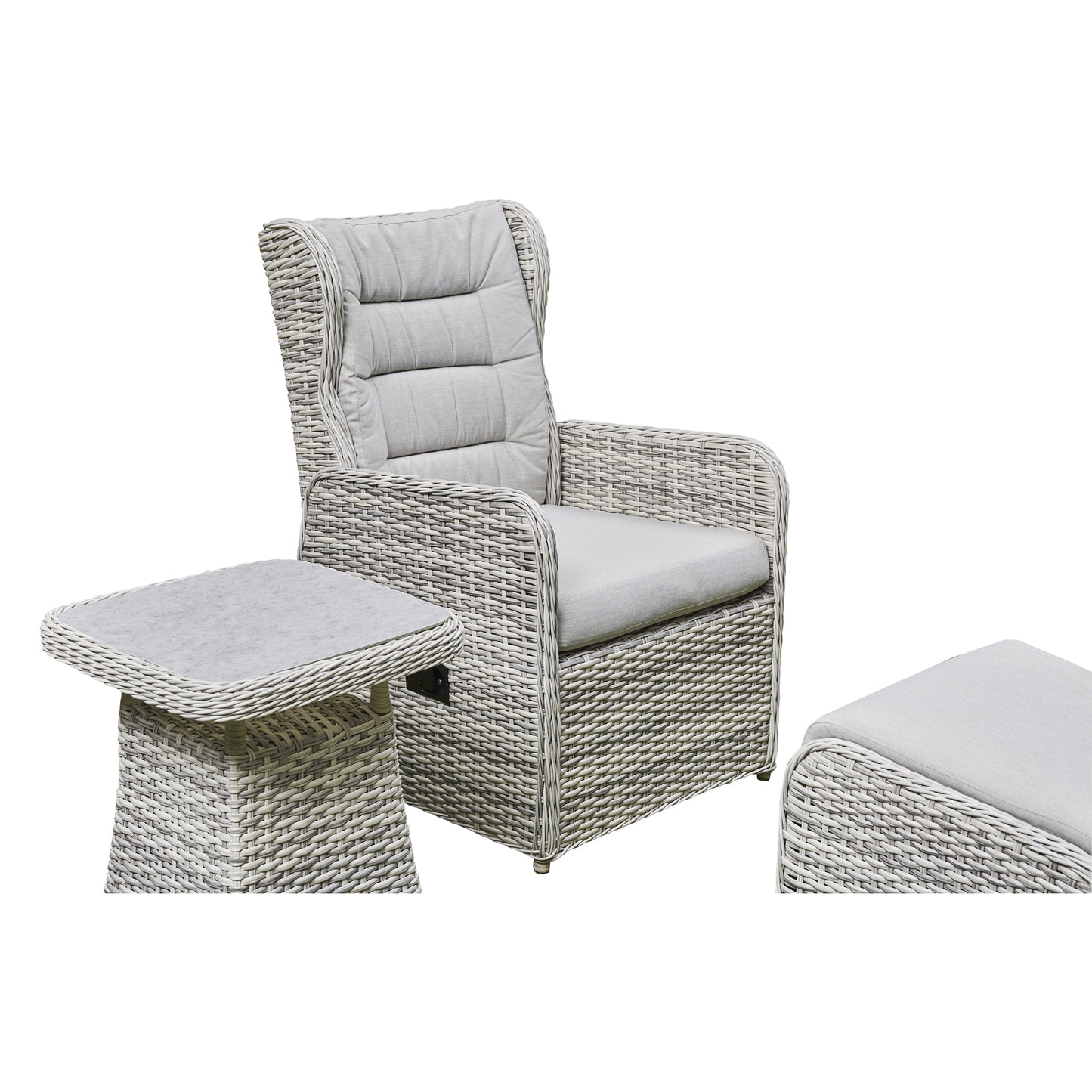 5 piece Reclining Lounge. Set. 2 reclining armchairs, 2 matching footstools. Side Table