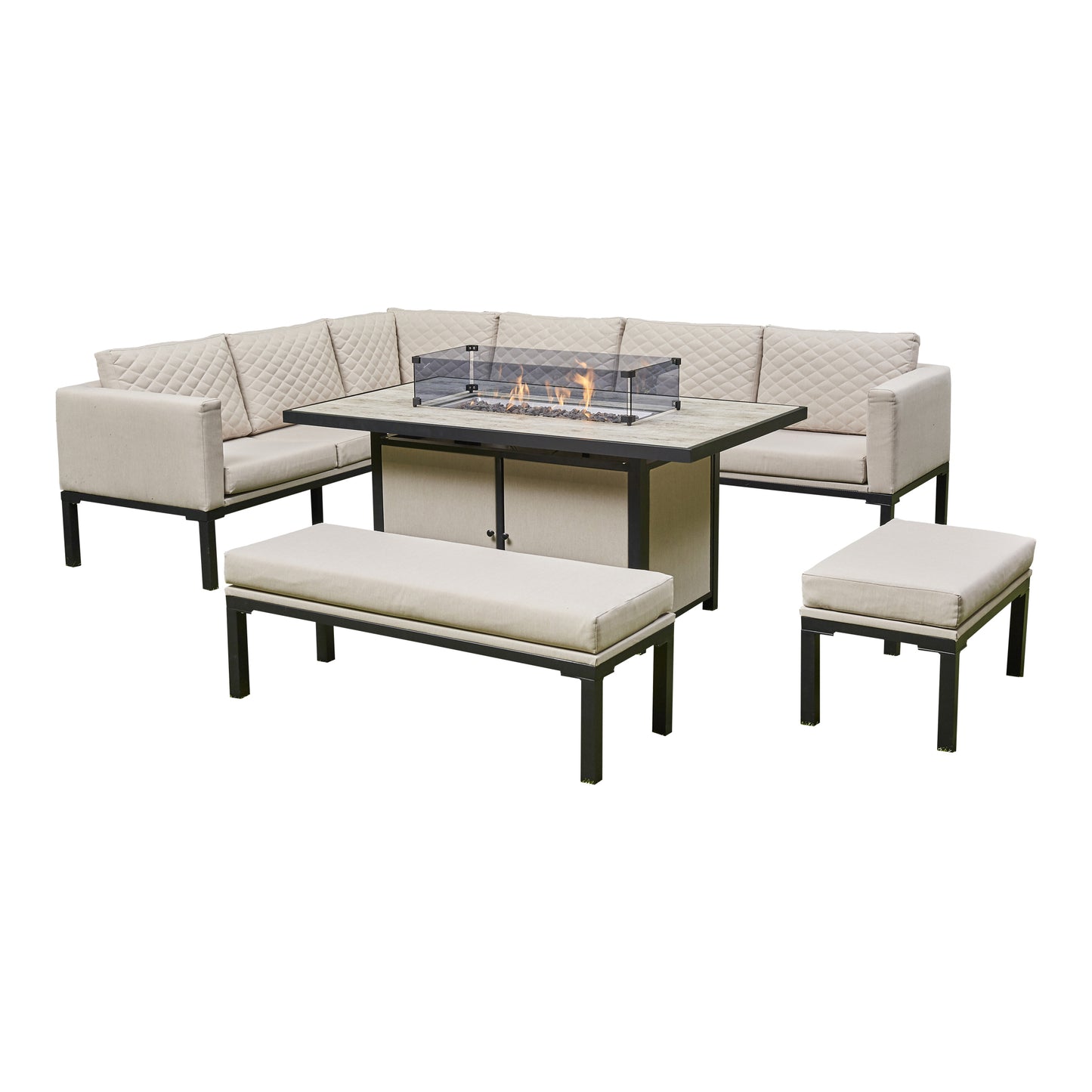 Corner Sofa Set, 2 Benches and Firepit. Grey or Beige