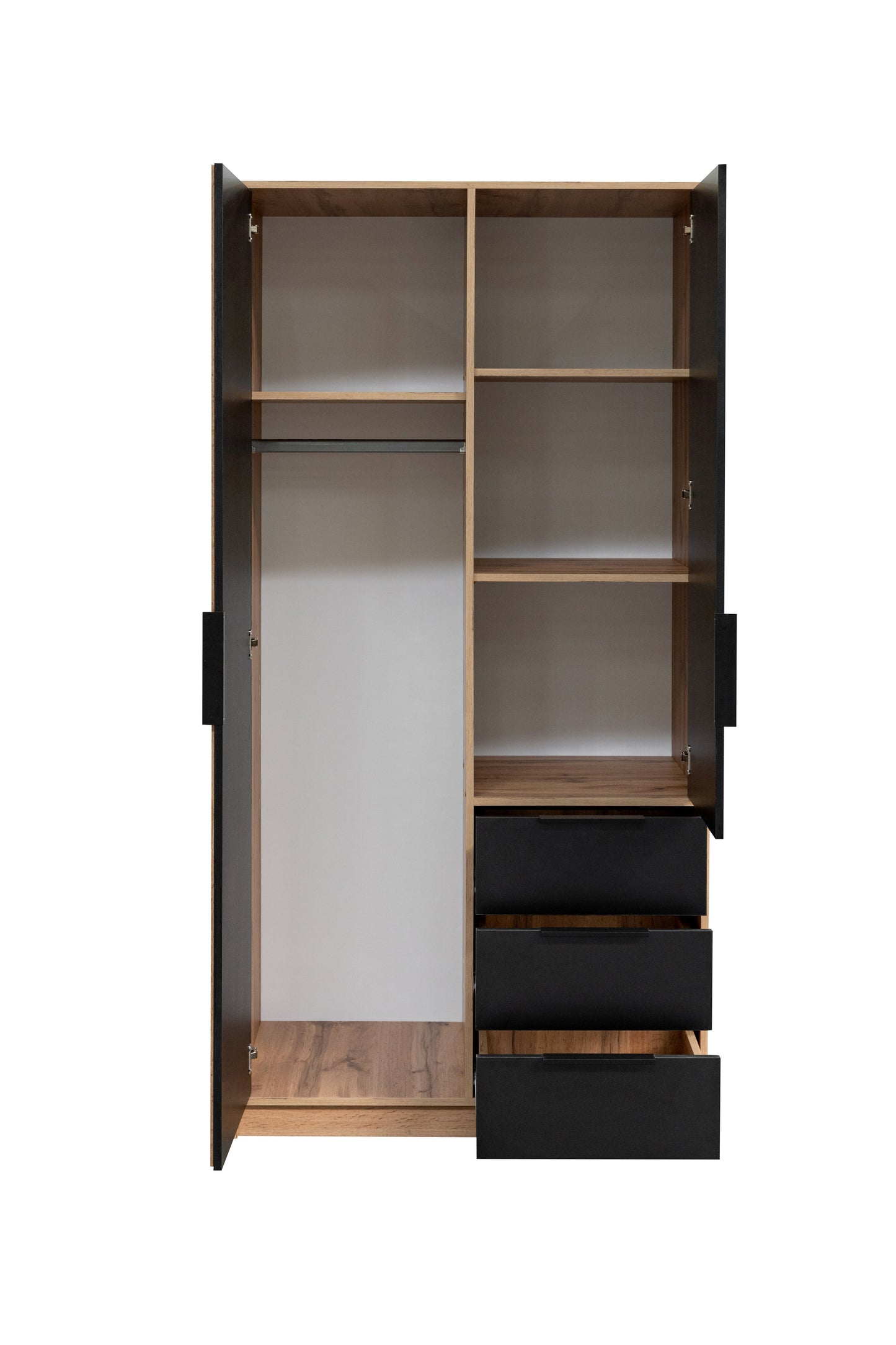 Bali Lux 2-Door Wardrobe - Oak Wotan & Black with Lamellas and Mirror Finish