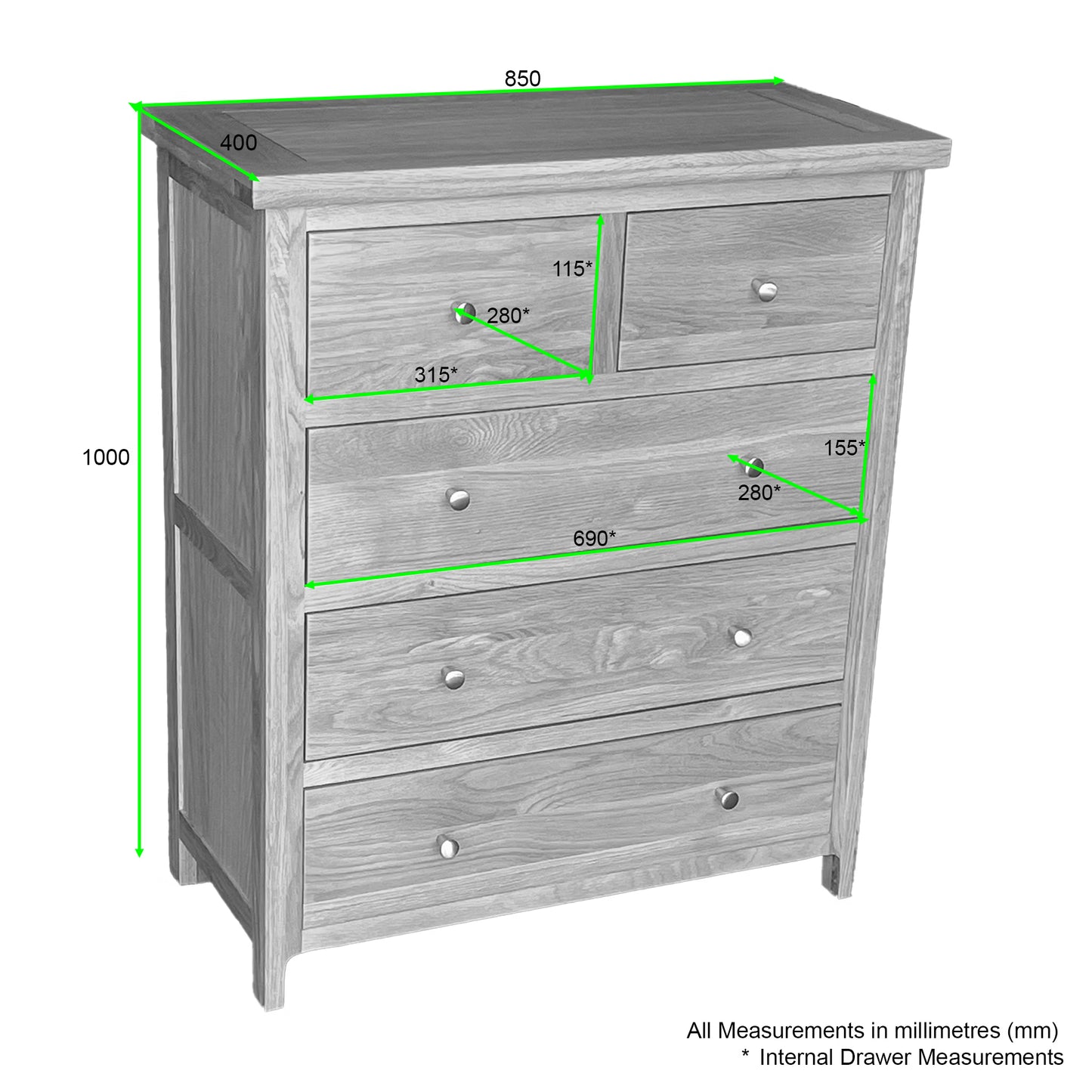 Como 5 Drawer Wide Chest – Solid American Oak Frame
