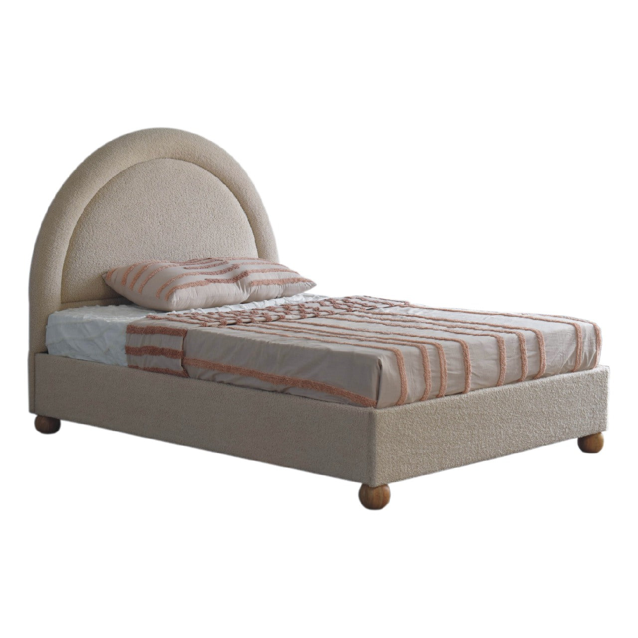 Cream Boucle Double Bed. Solid Mango Wood