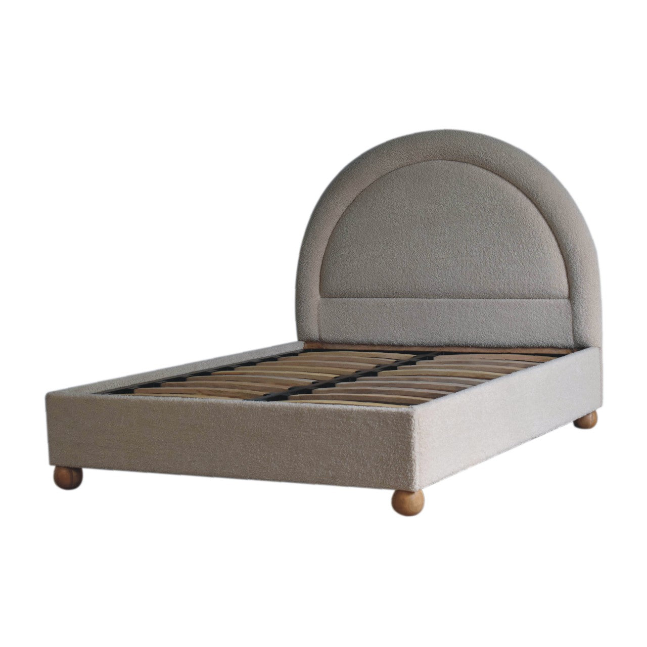 Cream Boucle Double Bed. Solid Mango Wood