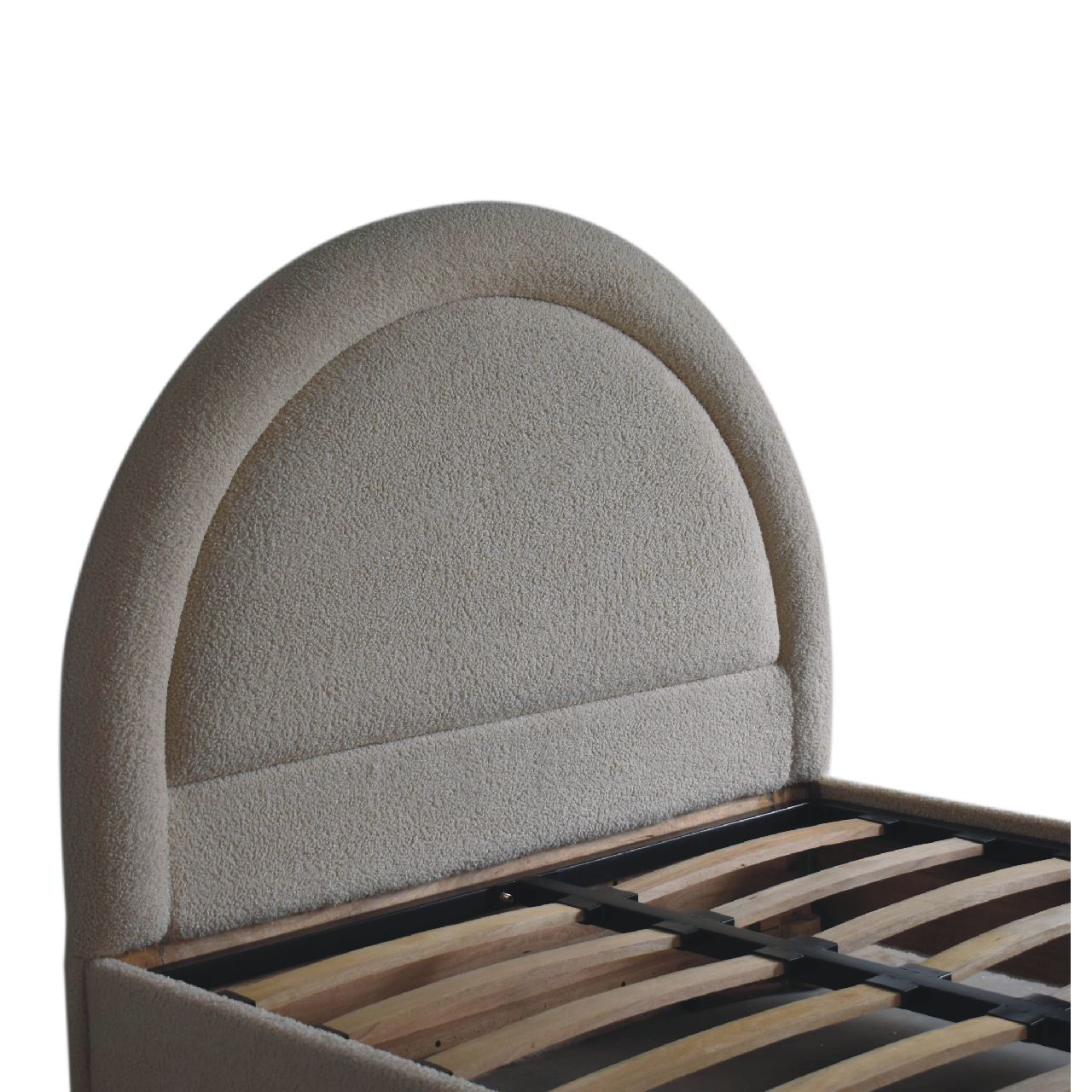 Cream Boucle Double Bed. Solid Mango Wood
