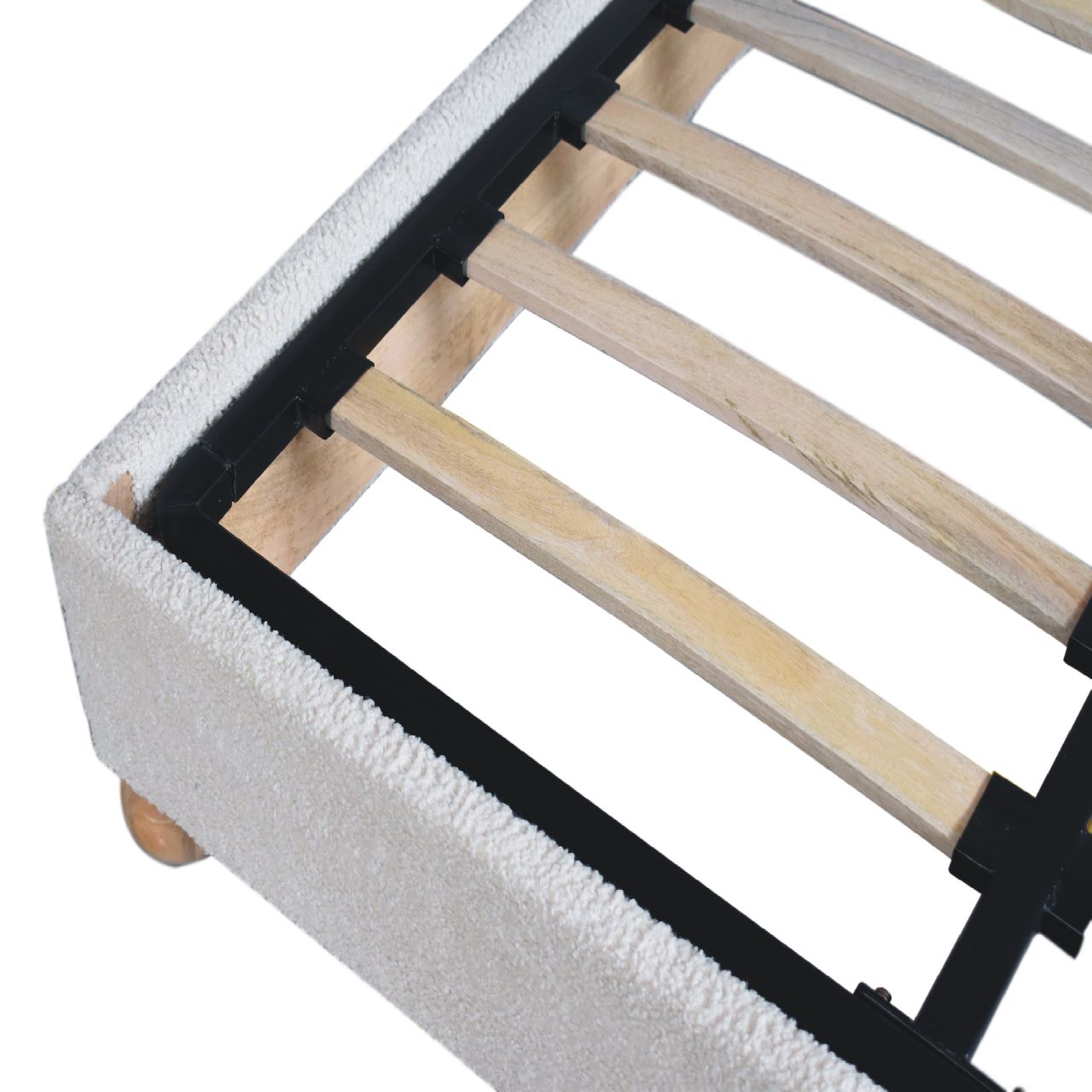 Cream Boucle Double Bed. Solid Mango Wood