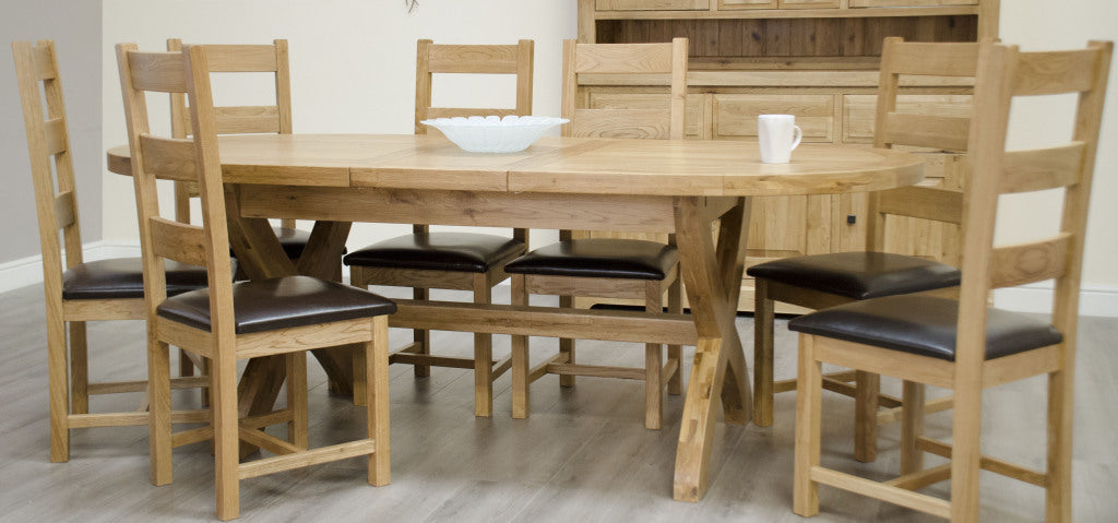 Deluxe X-Leg Oval Extending Table. 100% Solid Oak