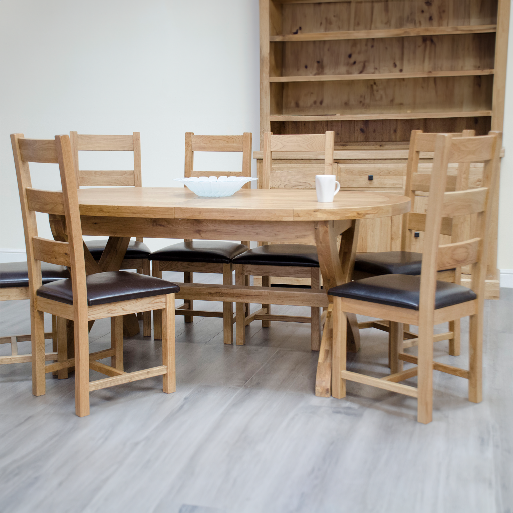 Deluxe X-Leg Oval Extending Table. 100% Solid Oak