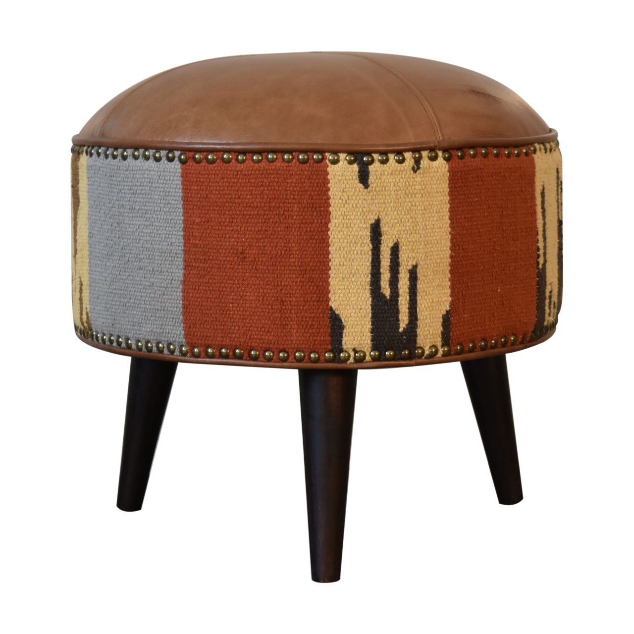 Durrie & Leather Mixed Footstool. 100% Solid Mango Wood