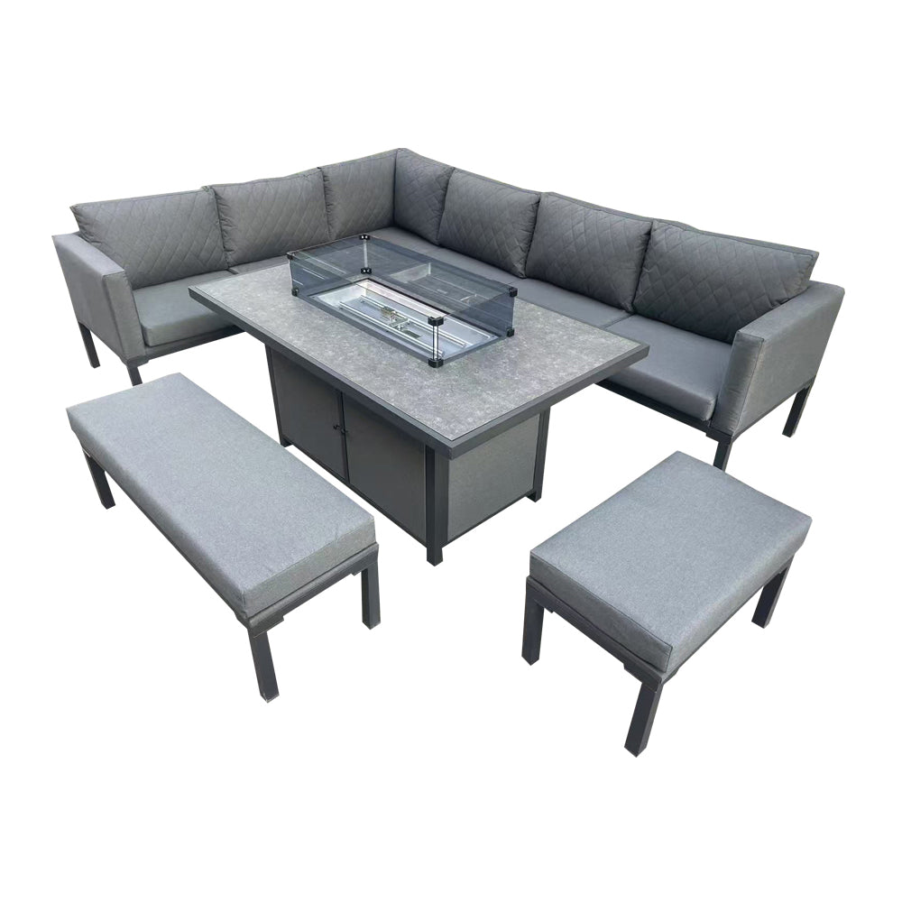 Corner Sofa Set, 2 Benches and Firepit. Grey or Beige