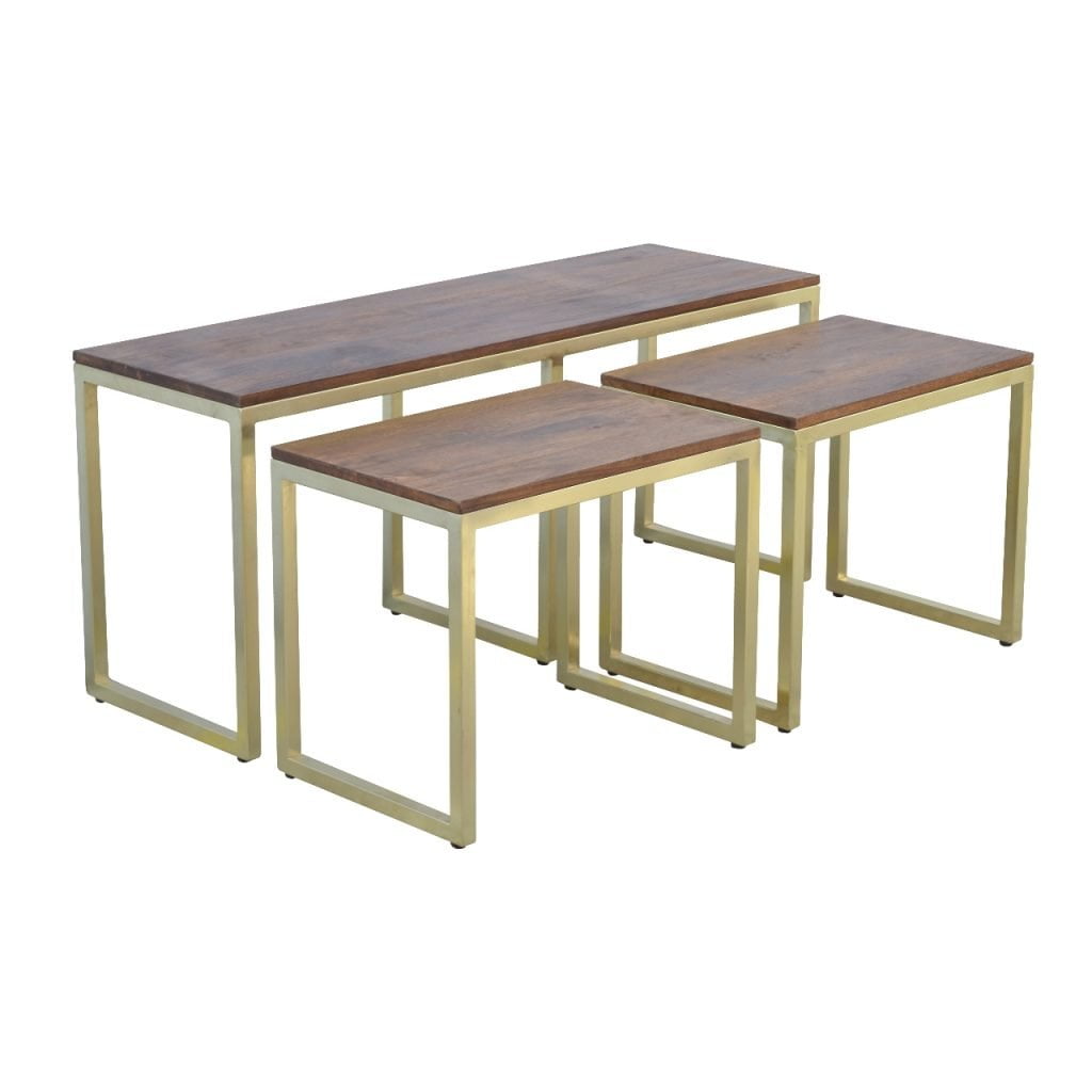 Gold Coffee Table - Set of 3 - 100% Solid Mango Wood Tops