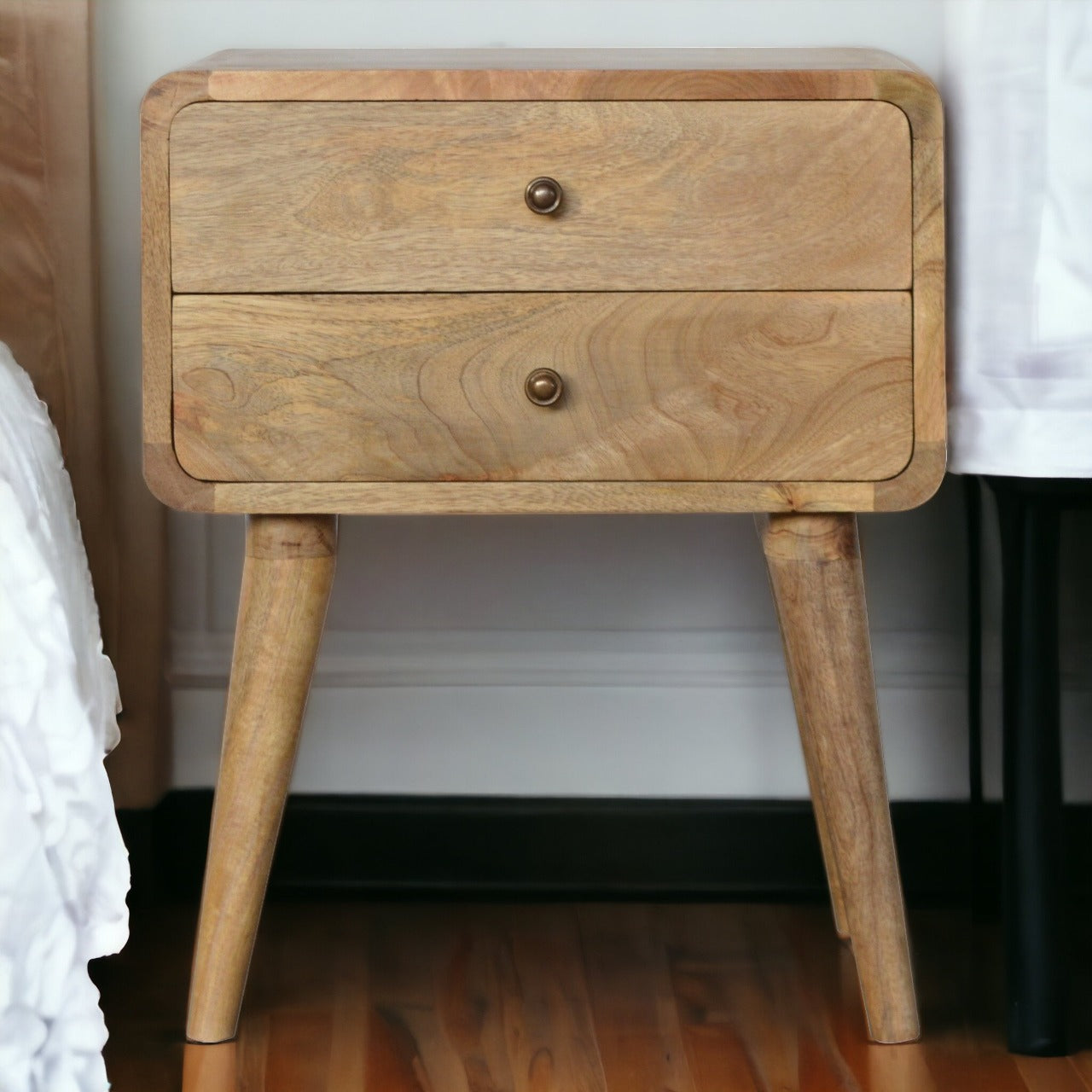 Curved Oak-ish Bedside Table with Drawer, 100% Solid Mango Wood