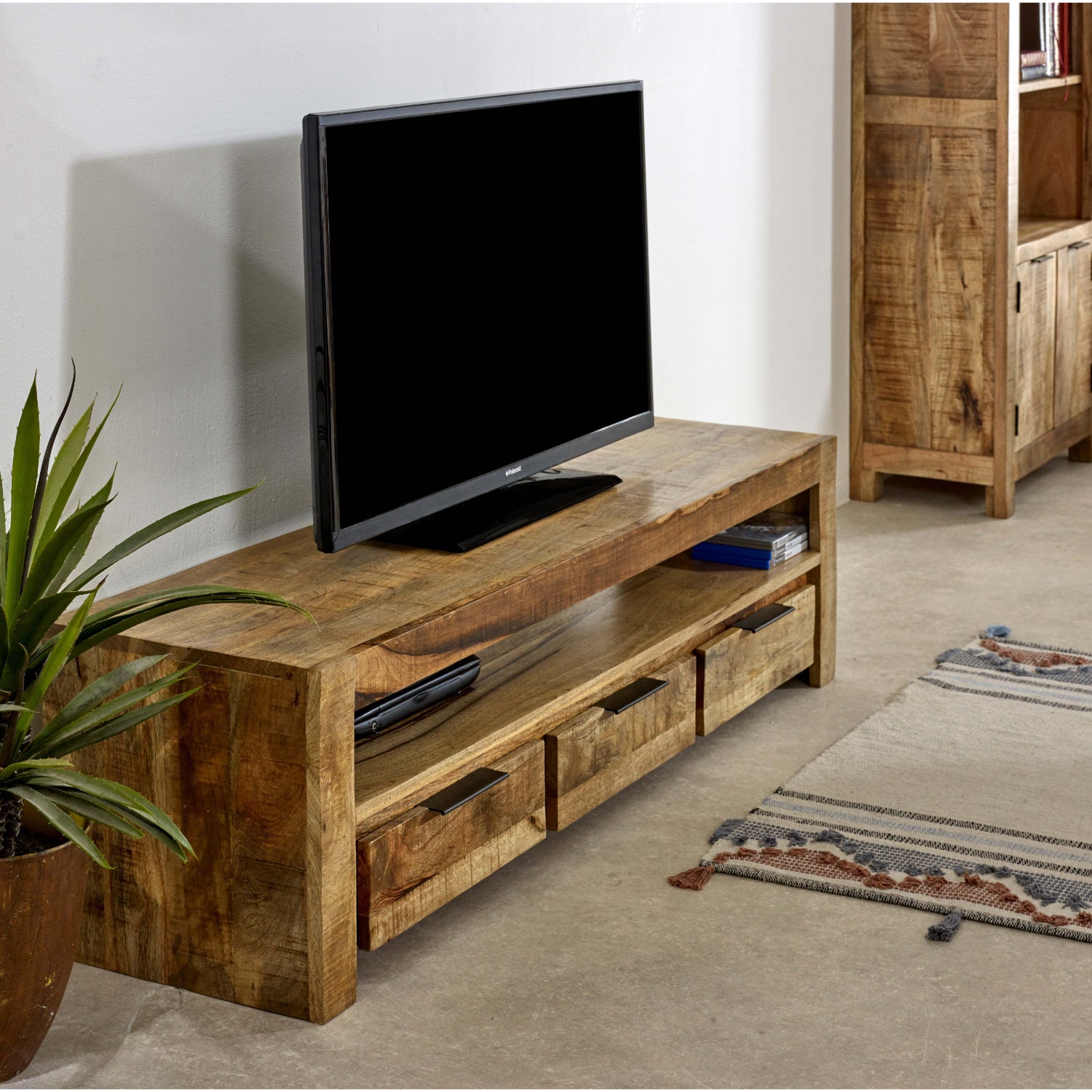 Surrey Solid Wood Large TV Cabinet With 3 Drawers 100% Eco Sourced Mango Wood