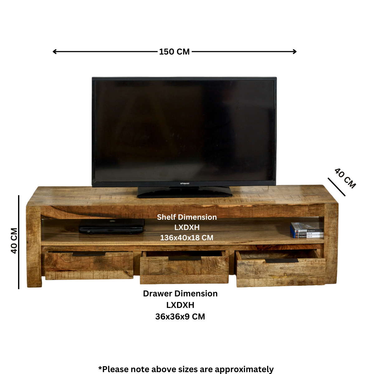 Surrey Solid Wood Large TV Cabinet With 3 Drawers 100% Eco Sourced Mango Wood