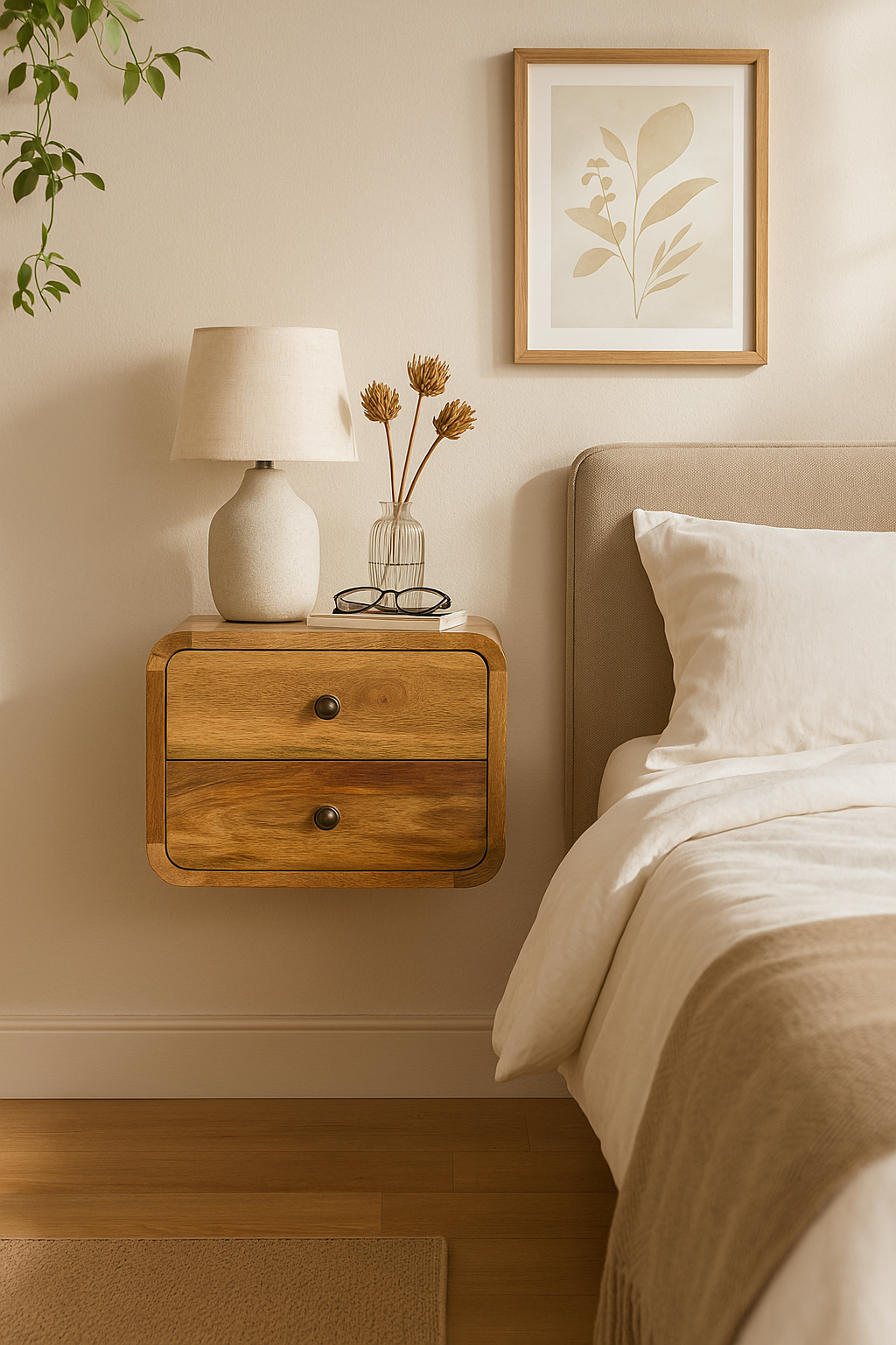 Mini Curve Oak-ish Floating Bedside 100% Solid Mango Wood