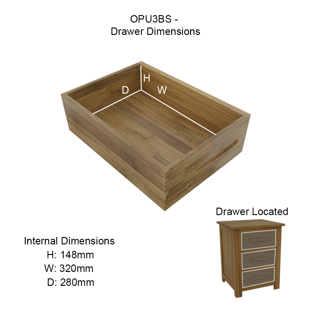Opus 3 Drawer Bedside. 100% Solid Oak