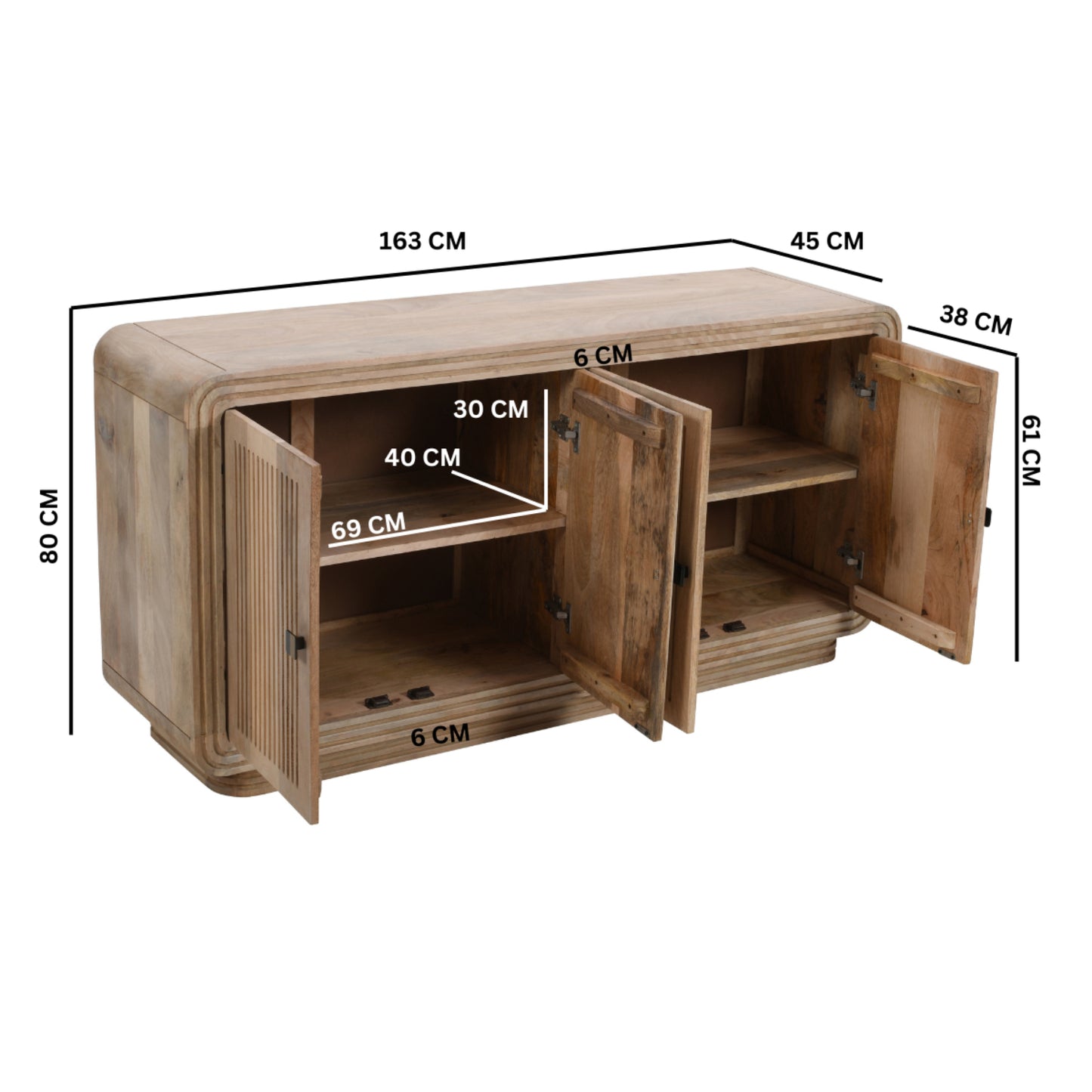 Hudson Carved Mango Wood 4 Doors Large Sideboard 100% Solid Mango Wood