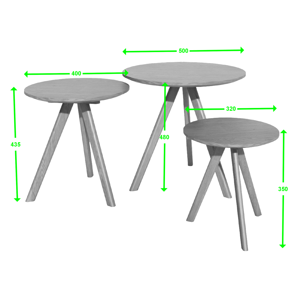 Scandic Round Nest of 3 Tables. Solid Oak  100% Solid Oak