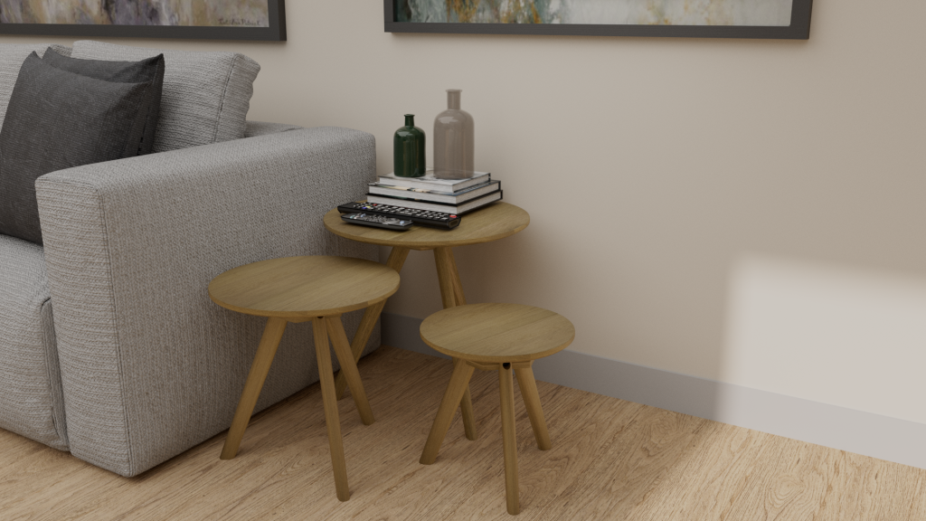 Scandic Round Nest of 3 Tables. Solid Oak  100% Solid Oak