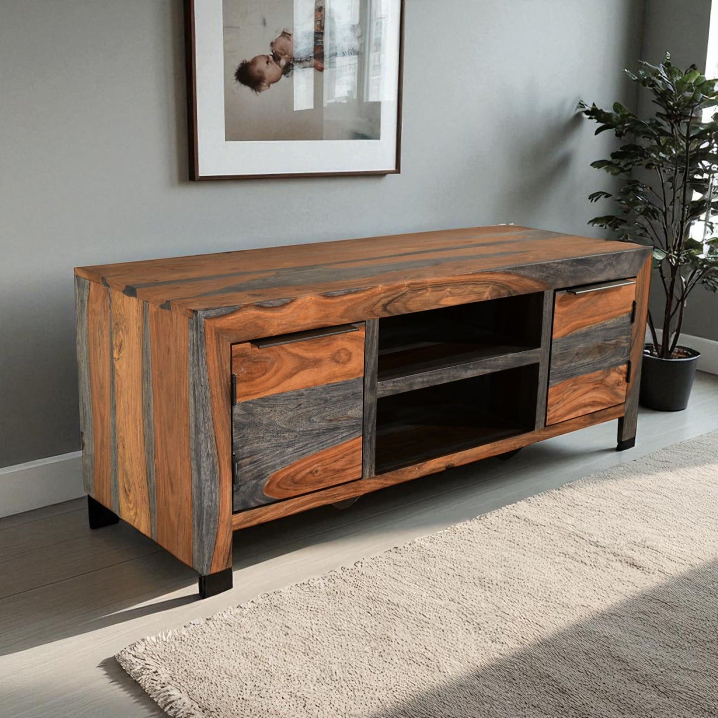 Sheesham Wood TV Unit, 112cm Wide in Dark Grey & Rosewood