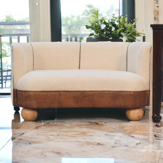 Small Cream Buffalo Sofa, Boucle Fabric. Mango Wood Construction