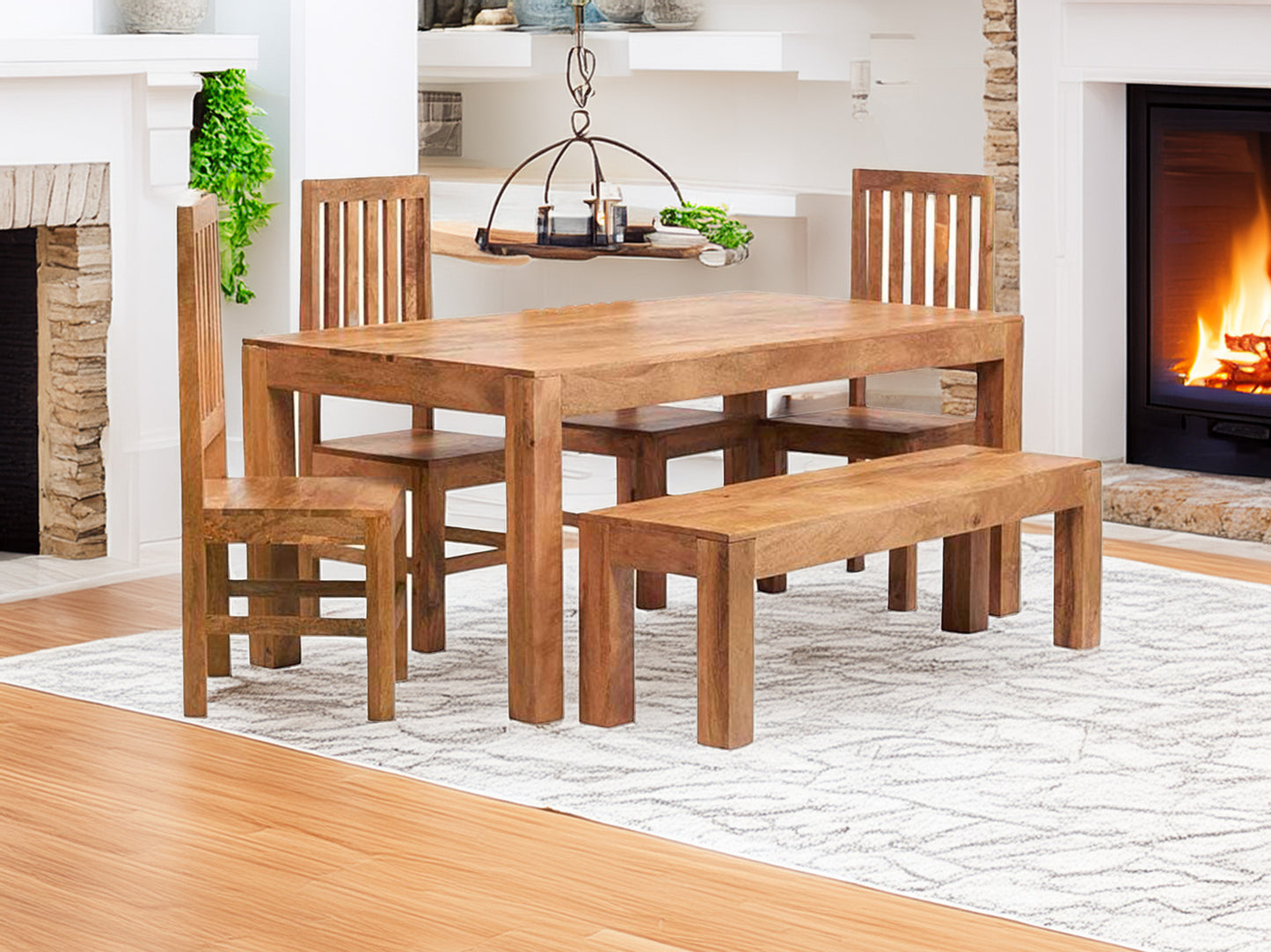 Toko Light Mango 4 FT Dining Set with Wooden Chairs. 100% Mango Wood
