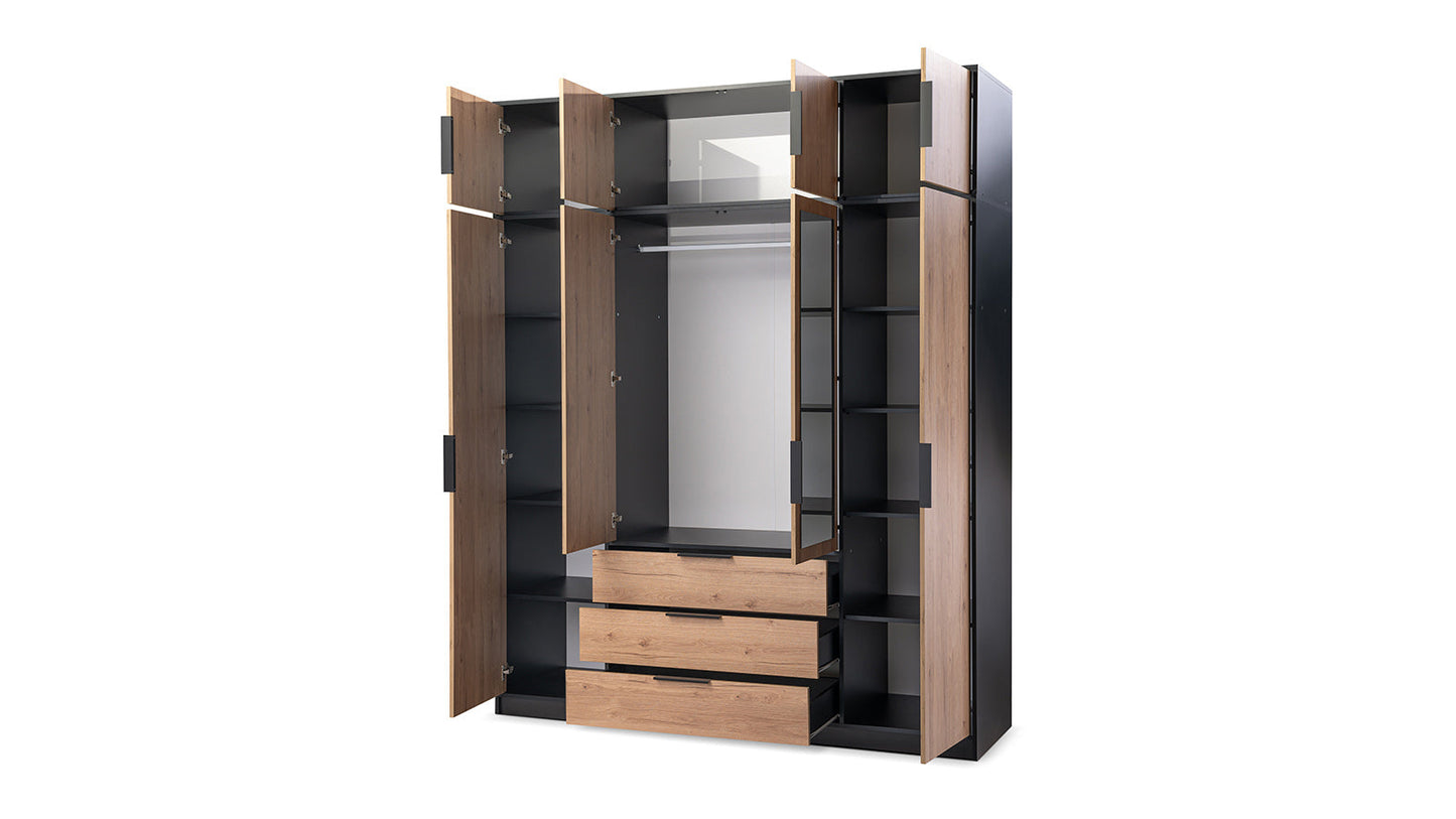 Contemporary Black & Oak Viking 4-Door Wardrobe with Mirror - Spacious Modern Storage Solution